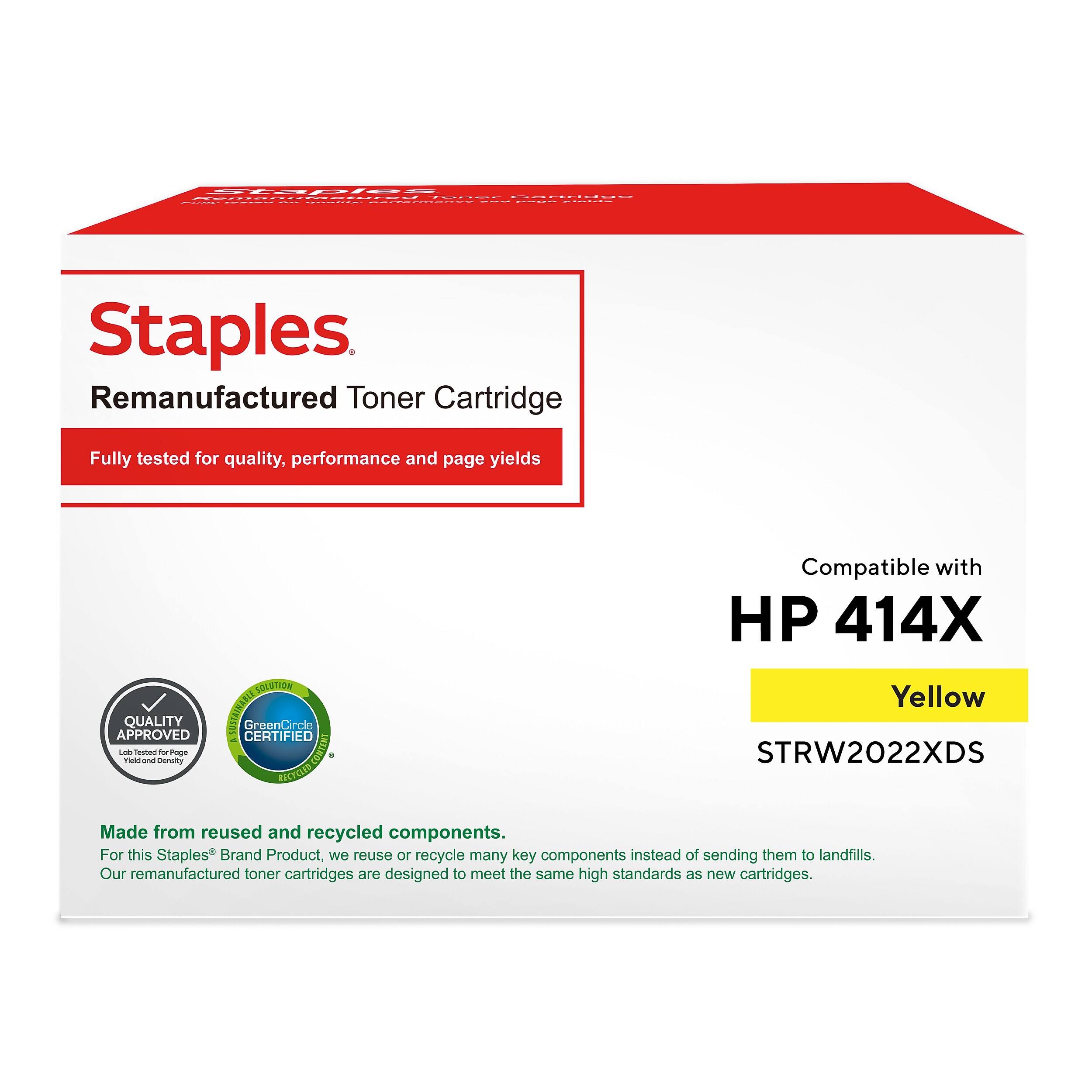 tapies oerimeicnmes  |  -  aia aa  adda Staples Remanufactured Toner Cartridge Fully tested for quality, performance and page yields Compatible with HP 414X SOLSTION De Yellow QUALITY GreenCircle APPROVED CERTIFIED Las noo Seutain Gnemaity - Purgm NC CONLY PETTEES STRW2022XDS RICrCLD Made from reused and recycled components. For this Staples* Brand Product, we reuse or recycle many key components instead of sending them to landfills. Our remanufactured toner cartridges are designed to meet the same high standards as new cartridges.