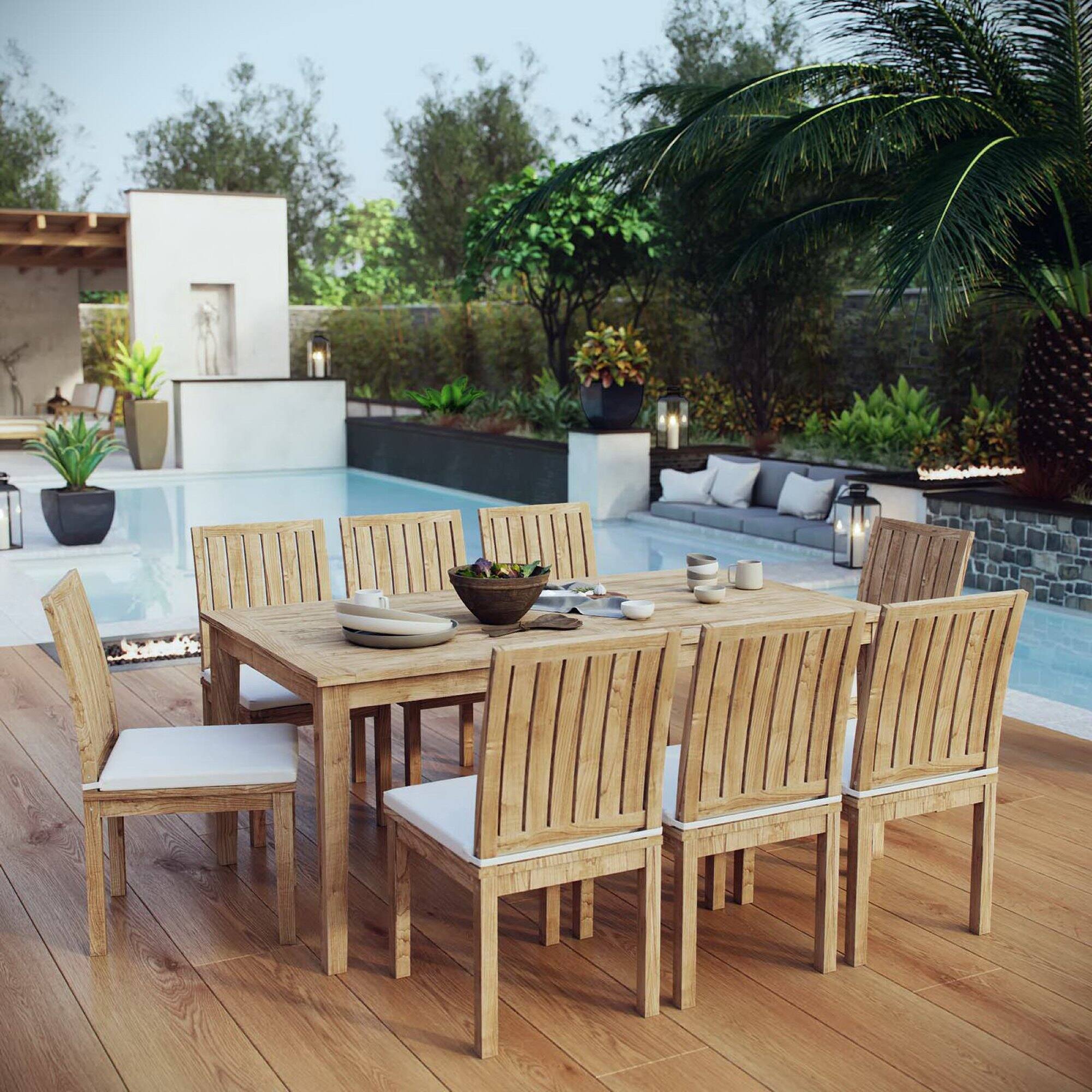 Alt View 3. Modway - Marina 9-Piece Outdoor Teak Patio Dining Set with Cushioned Seats - Natural White.