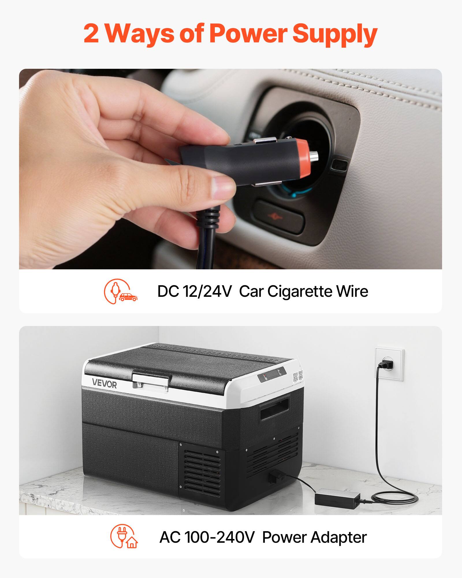 2 Ways of Power Supply
DC 12/24V Car Cigarette Wire
AC 100-240V Power Adapter