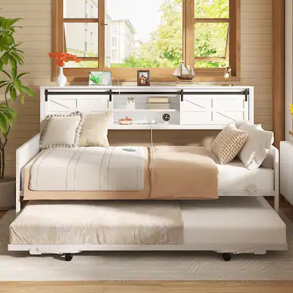 Front. Aheaplus - Farmhouse Twin Daybed With Bookcase Headboard & Charging Station - Trundle Sofa Bed Frame, Space-Saving - Black.