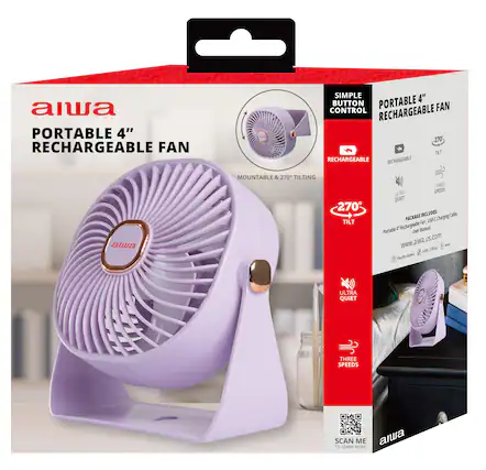 aiwa PORTABLE 4" RECHARGEABLE FAN
SIMPLE BUTTON PORTABLE FAN CONTROL RECHARGEABLE 270 TILT RECHARGEABLE
MOUNTABLE & 270° TILTING
270° TILT
THREE ULTRA SPEEDS QUIET
PACKAGE INCLUDES: Portable 4" Rechargeable Fan, USB-C Charging Cable, User Manual
www.aiwa.us.com
SCAN ME TO LEARN MORE
aiwa