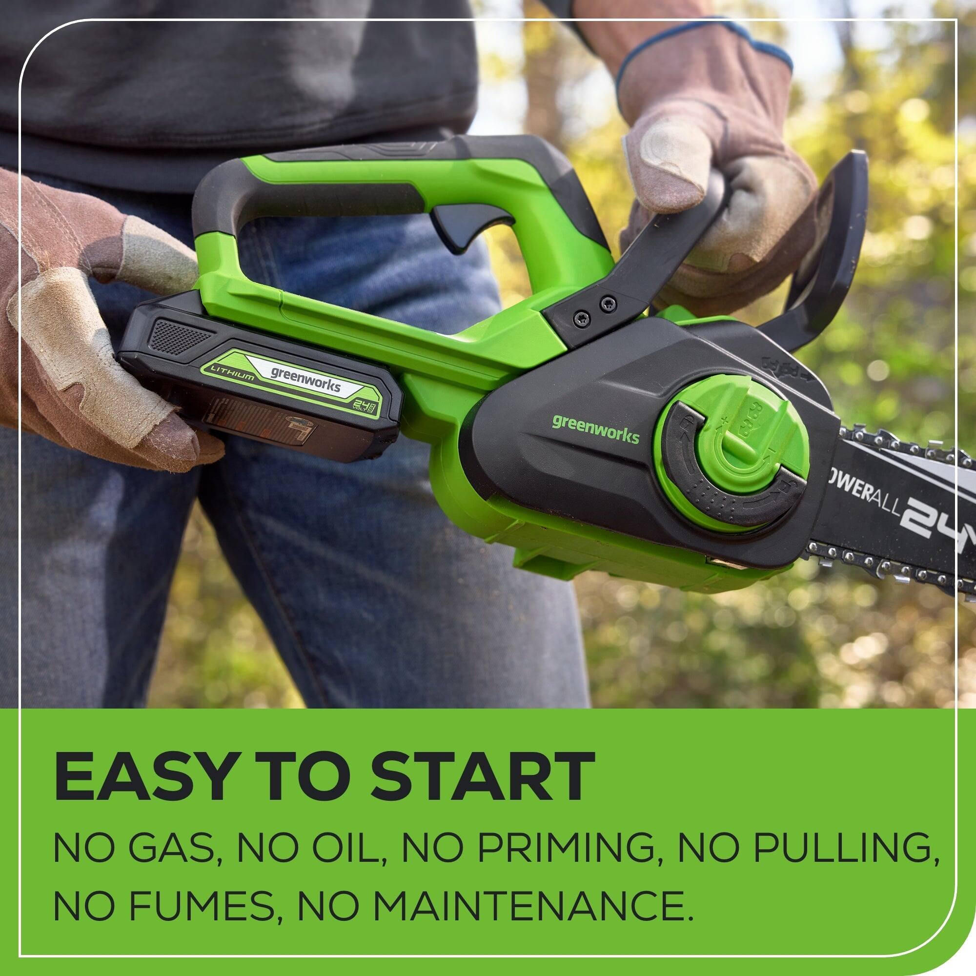 LITHIUM greenworks  
greenworks 8000  
OVERALL 24  
EASY TO START  
NO GAS, NO OIL, NO PRIMING, NO PULLING, NO FUMES, NO MAINTENANCE.