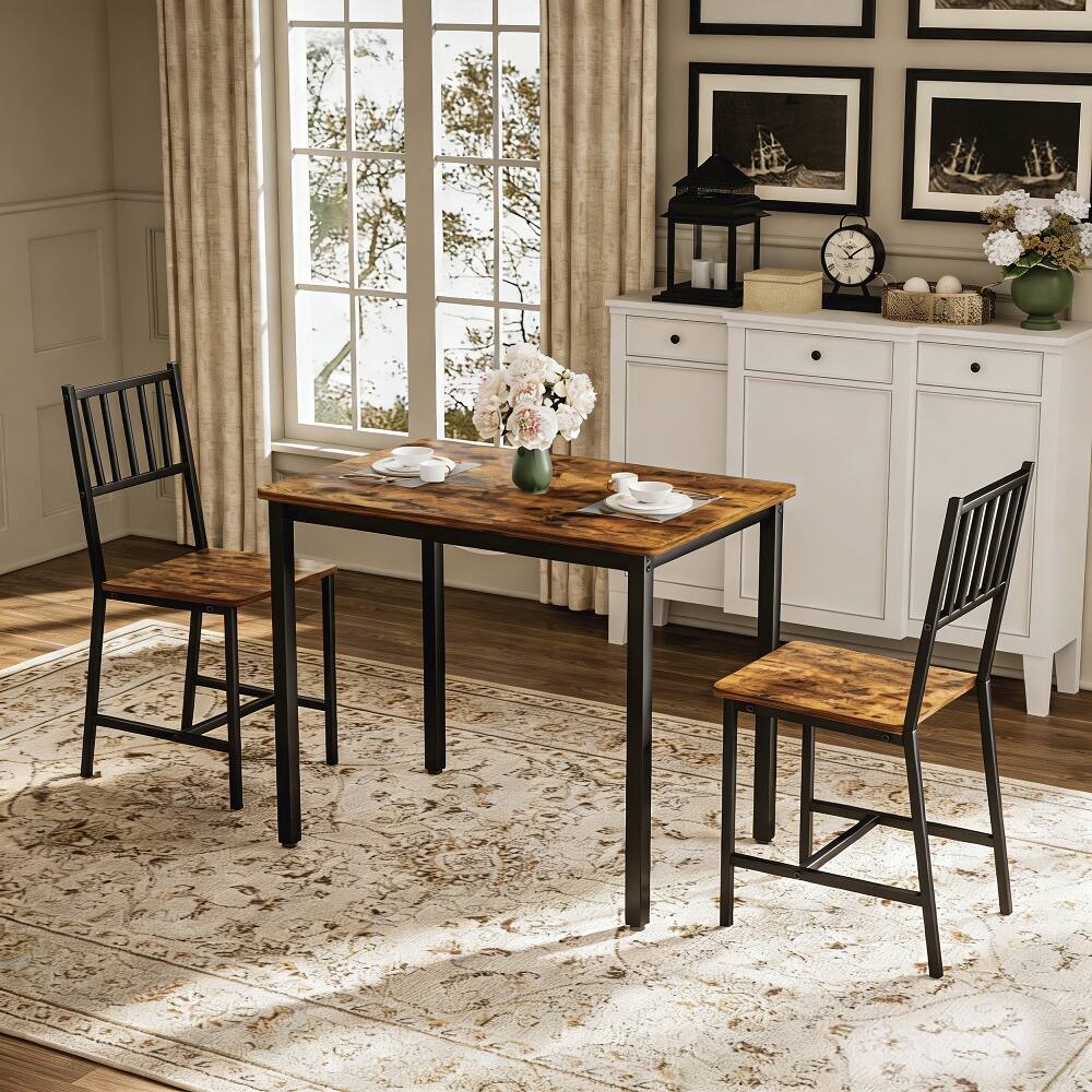 Back. Loheer - Loheer 3-Piece Dining Table Set, Rustic Brown Industrial Kitchen Table with 2 Chairs for Small Spaces - Rustic Brown and Black.