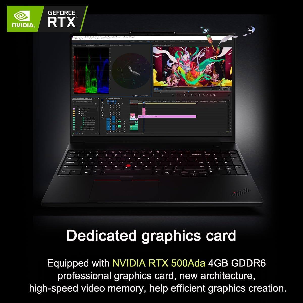 Dedicated graphics card

Equipped with NVIDIA RTX 500Ada 4GB GDDR6 professional graphics card, new architecture, high-speed video memory, help efficient graphics creation.
