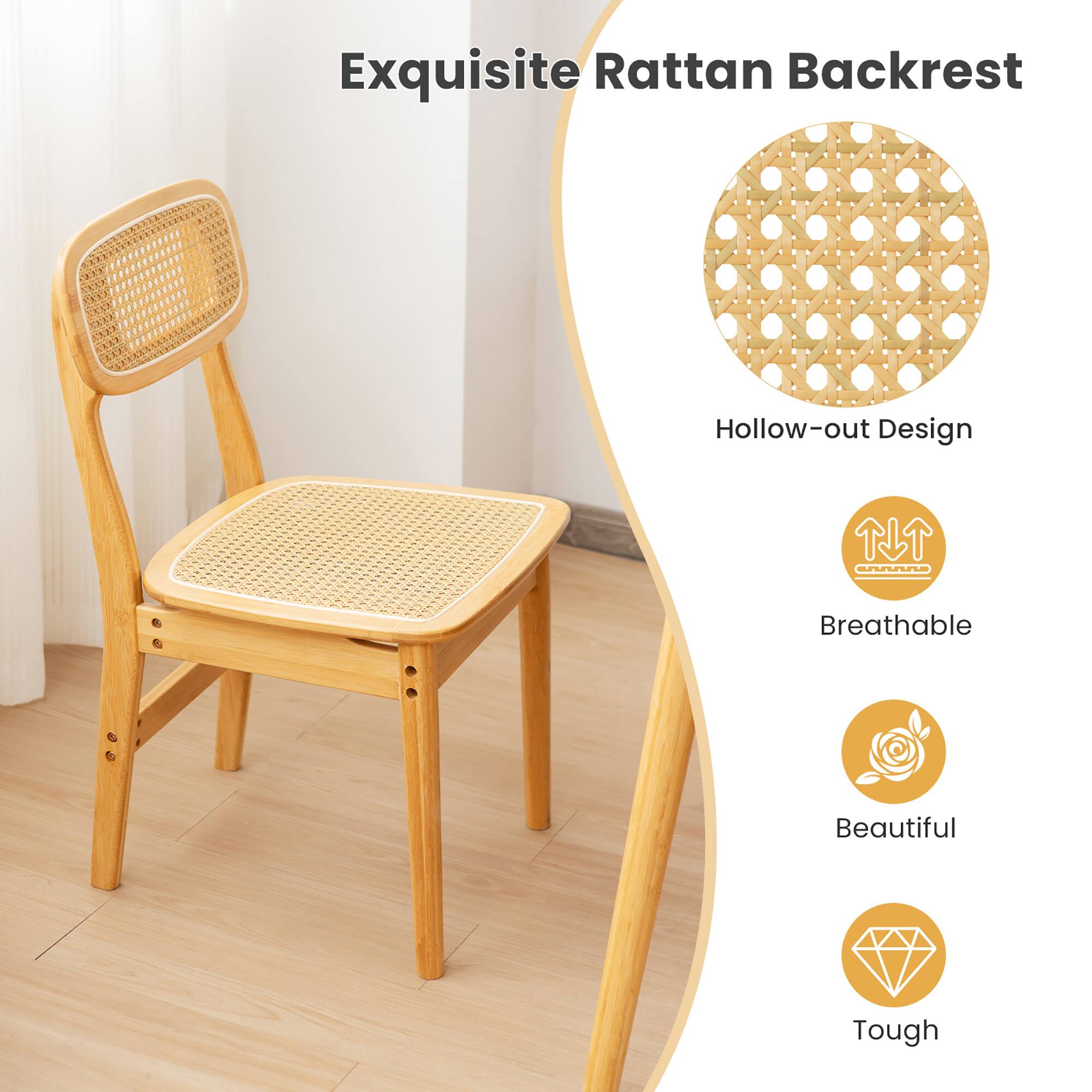 Exquisite Rattan Backrest
Hollow-out Design
Breathable
Beautiful
Tough