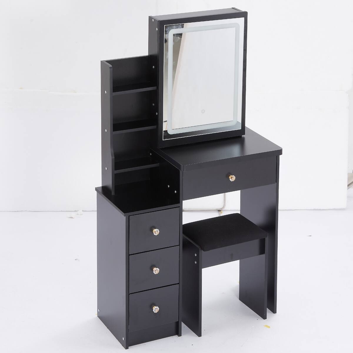 Back. Loheer - Loheer Small Space Makeup Vanity Table with Stool, Black MDF, LED Mirror and Storage - Black.