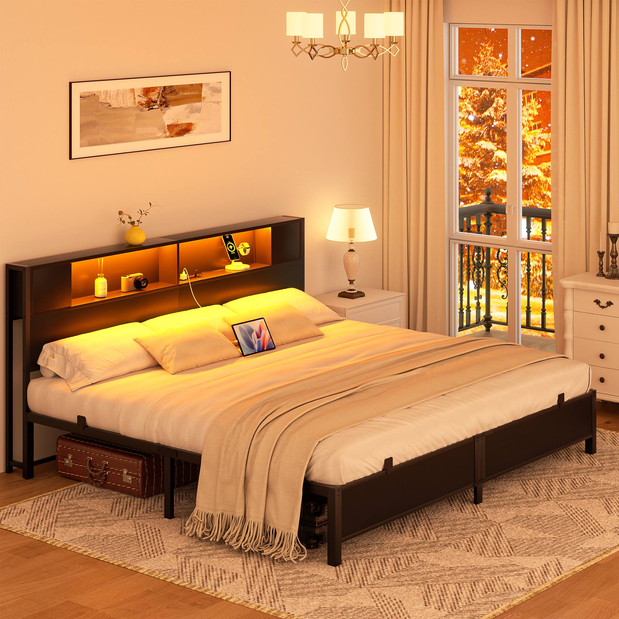 Left. Aheaplus - Industrial Metal Bed Frame: Storage Headboard / Charging, LED Lights, Steel Slats, No Box Spring, Easy Assembly - Black.