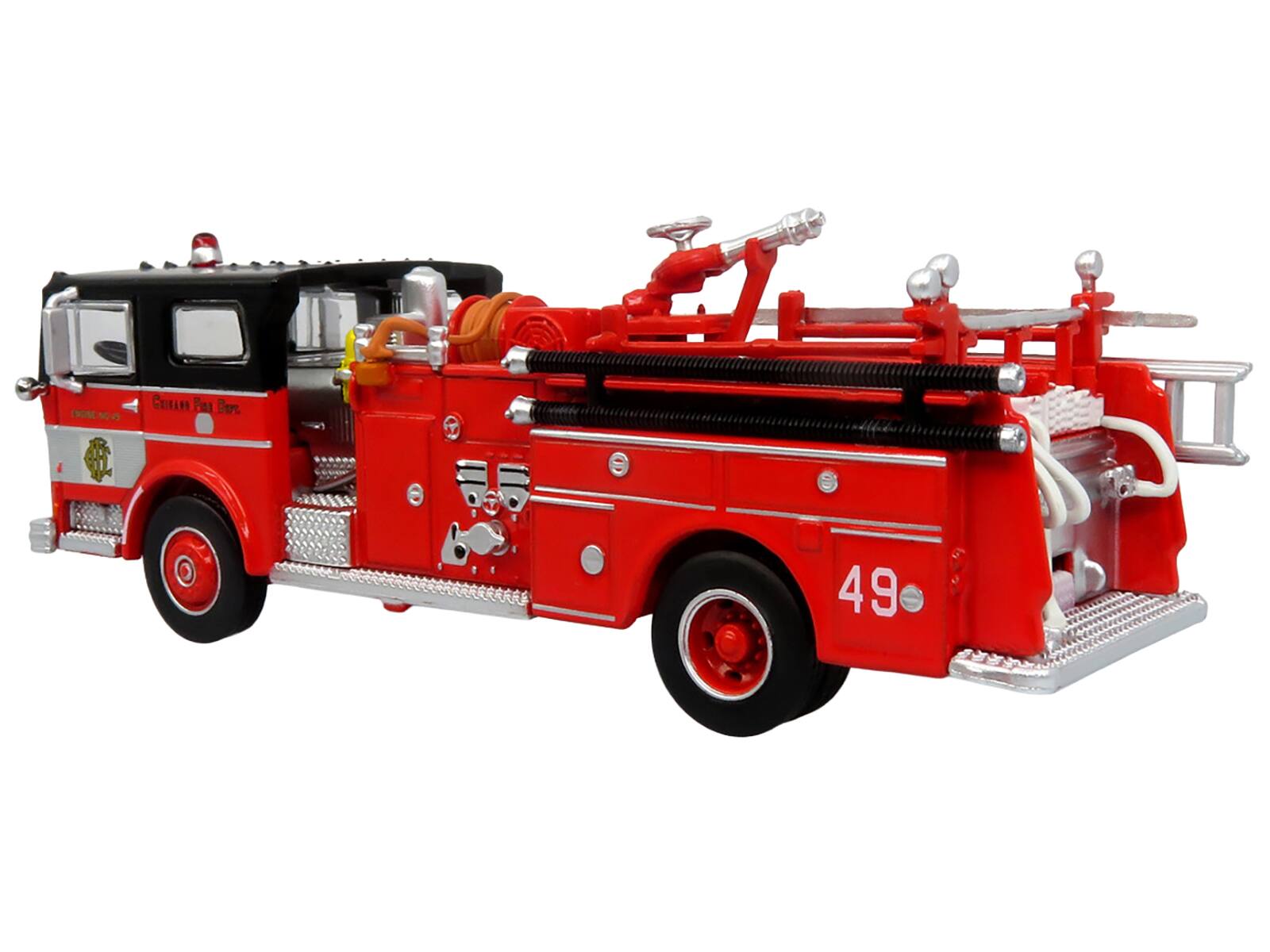 Left. Iconic Replicas - 1974 Ward LaFrance Fire Engine Chicago FD Engine 49 Red/Black Top 5 Alarm Series Limited Edition 1/87 HO Iconic Replicas - Red.