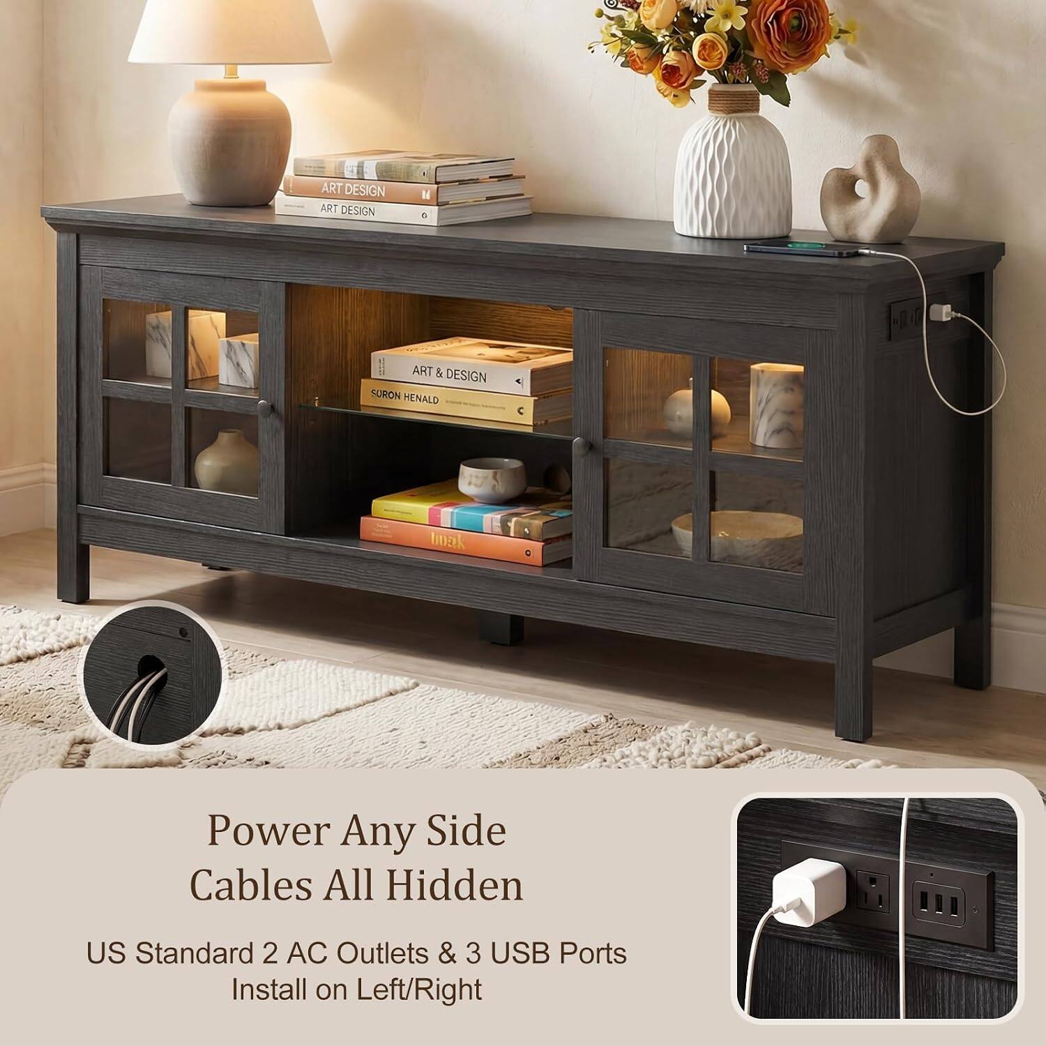 ART DESIGN  
ART DESIGN  
ART & DESIGN  
AURON HENALD  

tmak Power Any Side  
Cables All Hidden  
US Standard 2 AC Outlets & 3 USB Ports  
Install on Left/Right