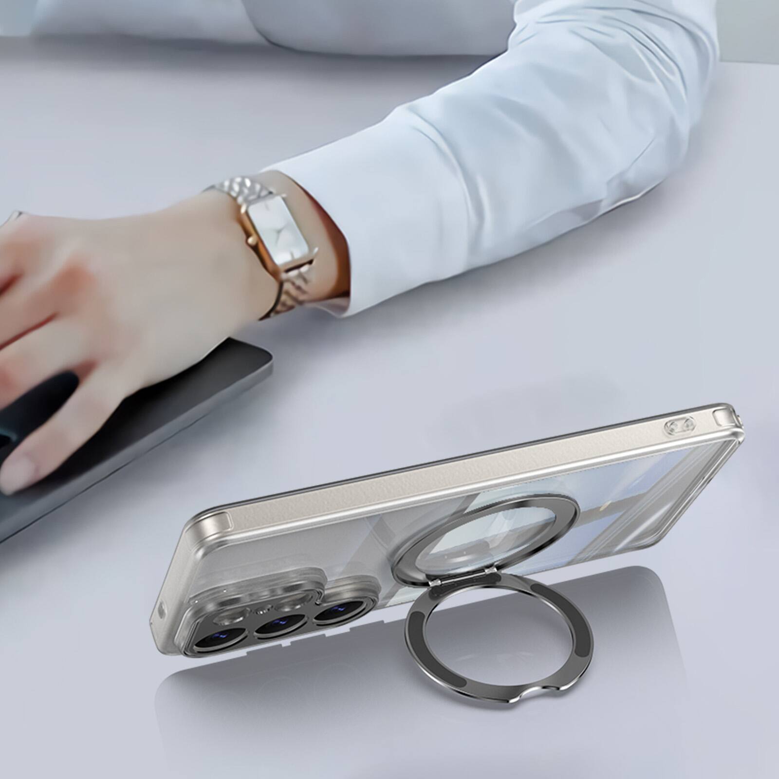 Alt View 3. Dteck - Magnetic Clear Case For Samsung Galaxy S26 Ultra, Shockproof Anti-Scratch 360° Ring Holder Stand PC+TPU Protection Cover - White.