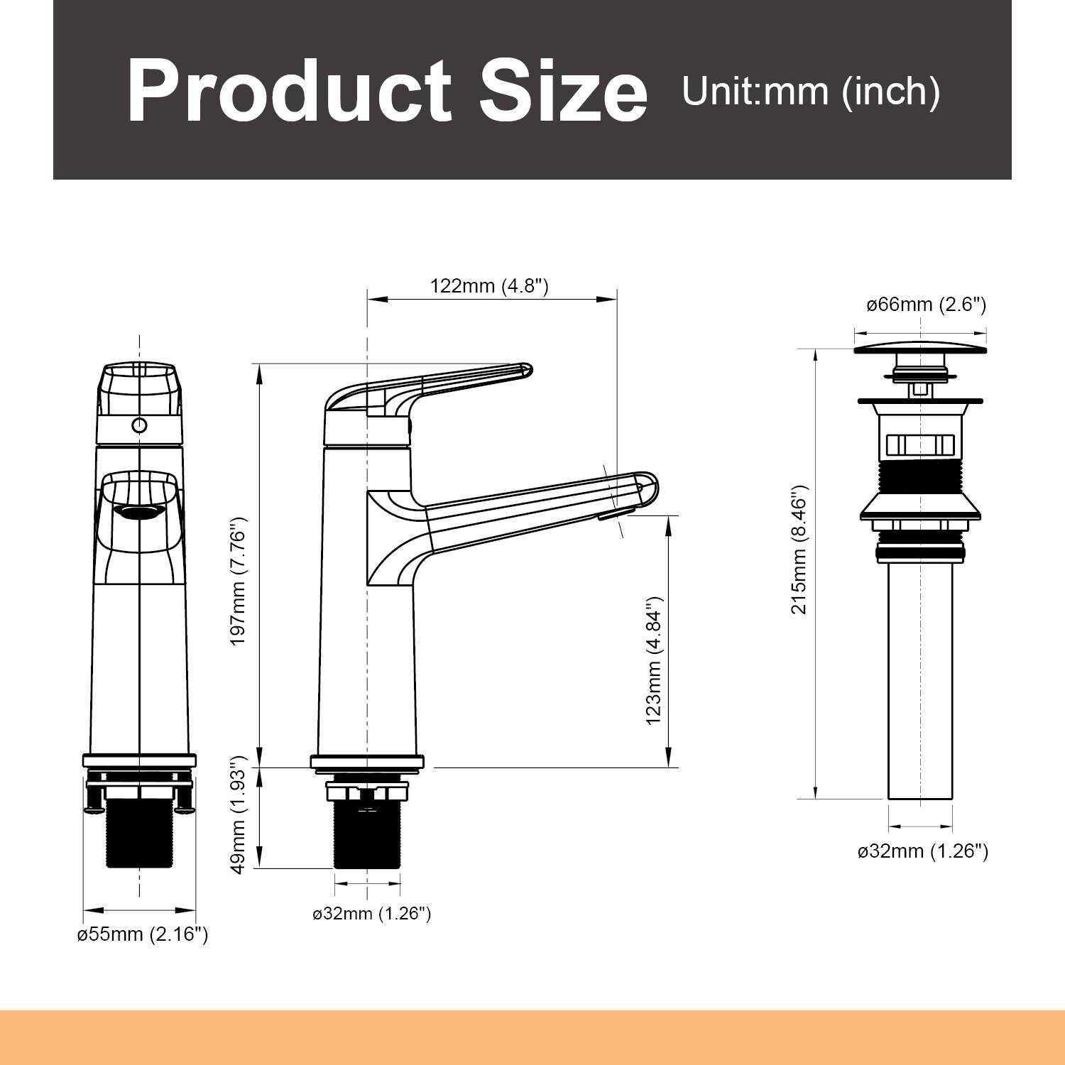 Product Size  
Unit: mm (inch)  
- 122mm (4.8")  
- 66mm (2.6")  
- 197mm (7.76")  
- 123mm (4.84")  
- 55mm (2.16")  
- 32mm (1.26")  
- 49mm (1.93")  
- 215mm (8.46")