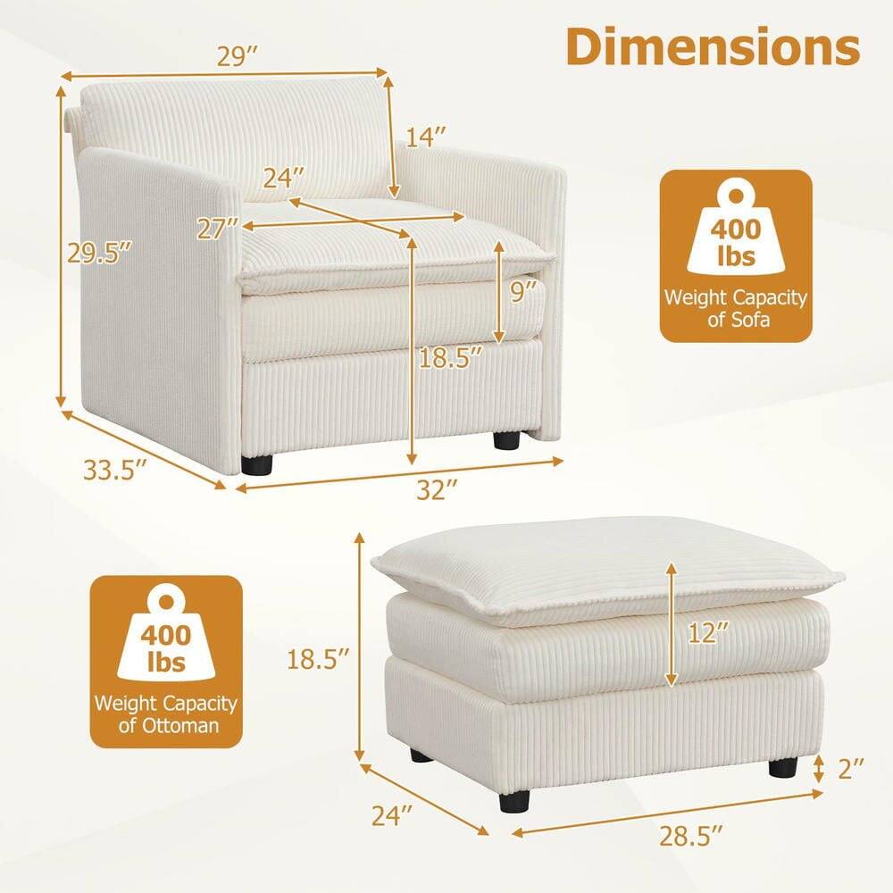 - Dimensions:
  - Sofa: 29" (height), 24" (depth), 14" (arm height), 29.5" (seat depth), 27" (seat width), 18.5" (seat height), 9" (back height)
  - Ottoman: 33.5" (height), 32" (depth), 18.5" (width), 12" (height), 2" (foot height), 28.5" (width)

- Weight Capacity:
  - Sofa: 400 lbs
  - Ottoman: 400 lbs