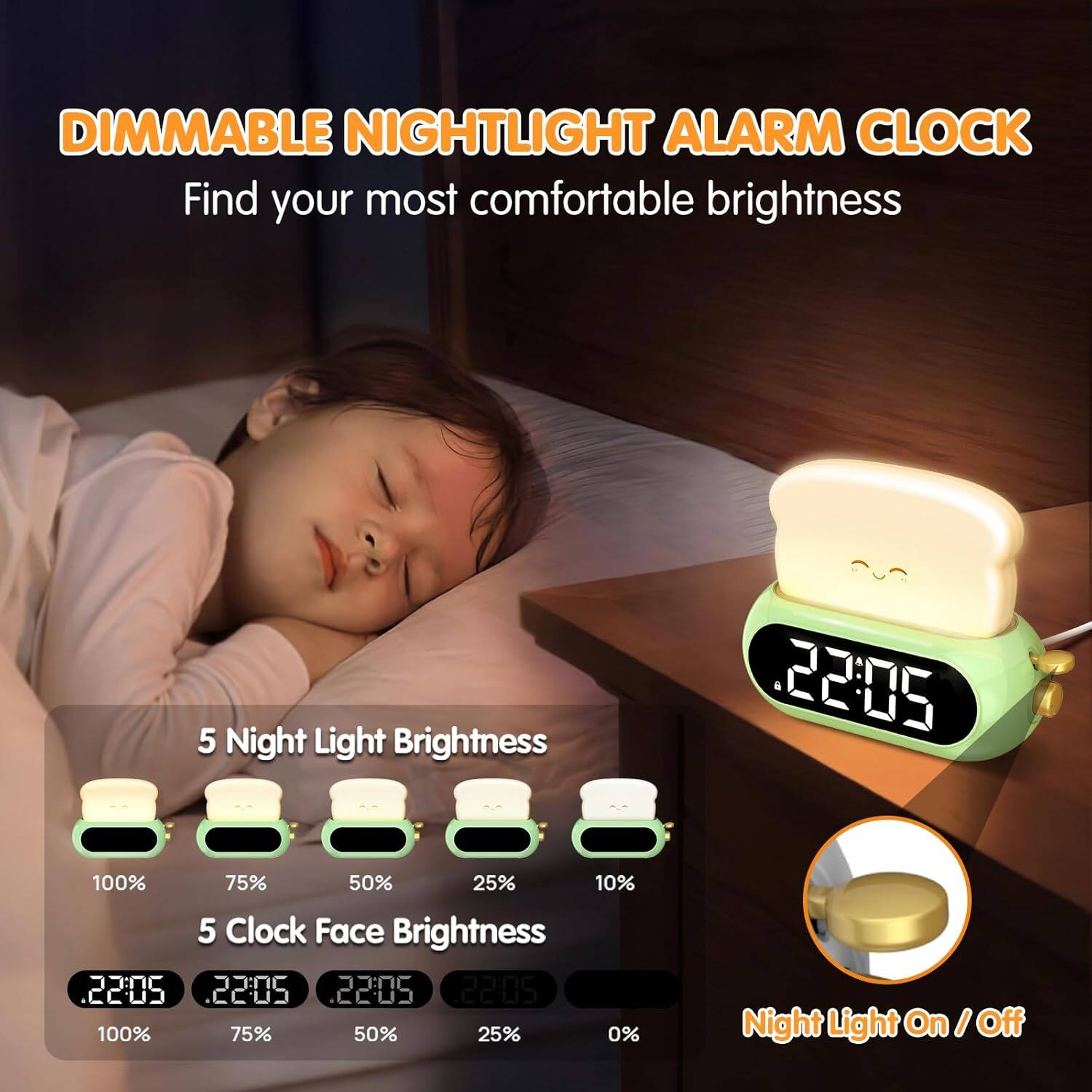 DIMMABLE NIGHTLIGHT ALARM CLOCK  
Find your most comfortable brightness  

5 Night Light Brightness  
100% 75% 50% 25% 10%  

5 Clock Face Brightness  
100% 75% 50% 25% 0%  

22:05  
Night Light On / Off