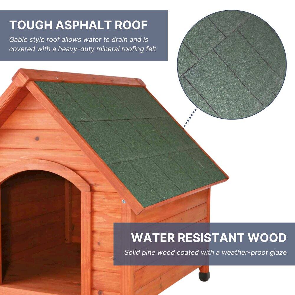 TOUGH ASPHALT ROOF  
Gable style roof allows water to drain and is covered with a heavy-duty mineral roofing felt.  

WATER RESISTANT WOOD  
Solid pine wood coated with a weather-proof glaze