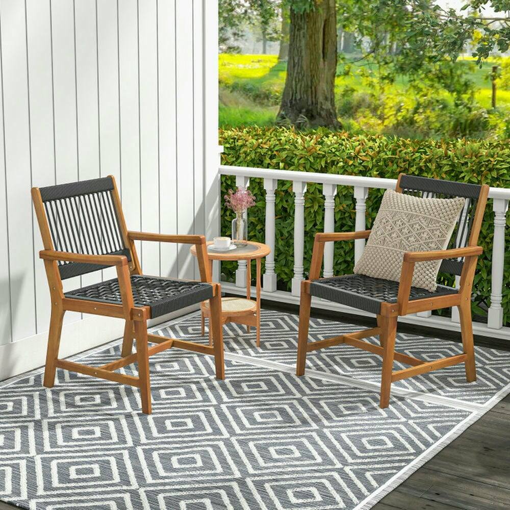 Angle. Pefilos - Set of 2 Patio Acacia Wood Dining Chairs with Armrests, Chair with Acacia Wood Frame - Black.