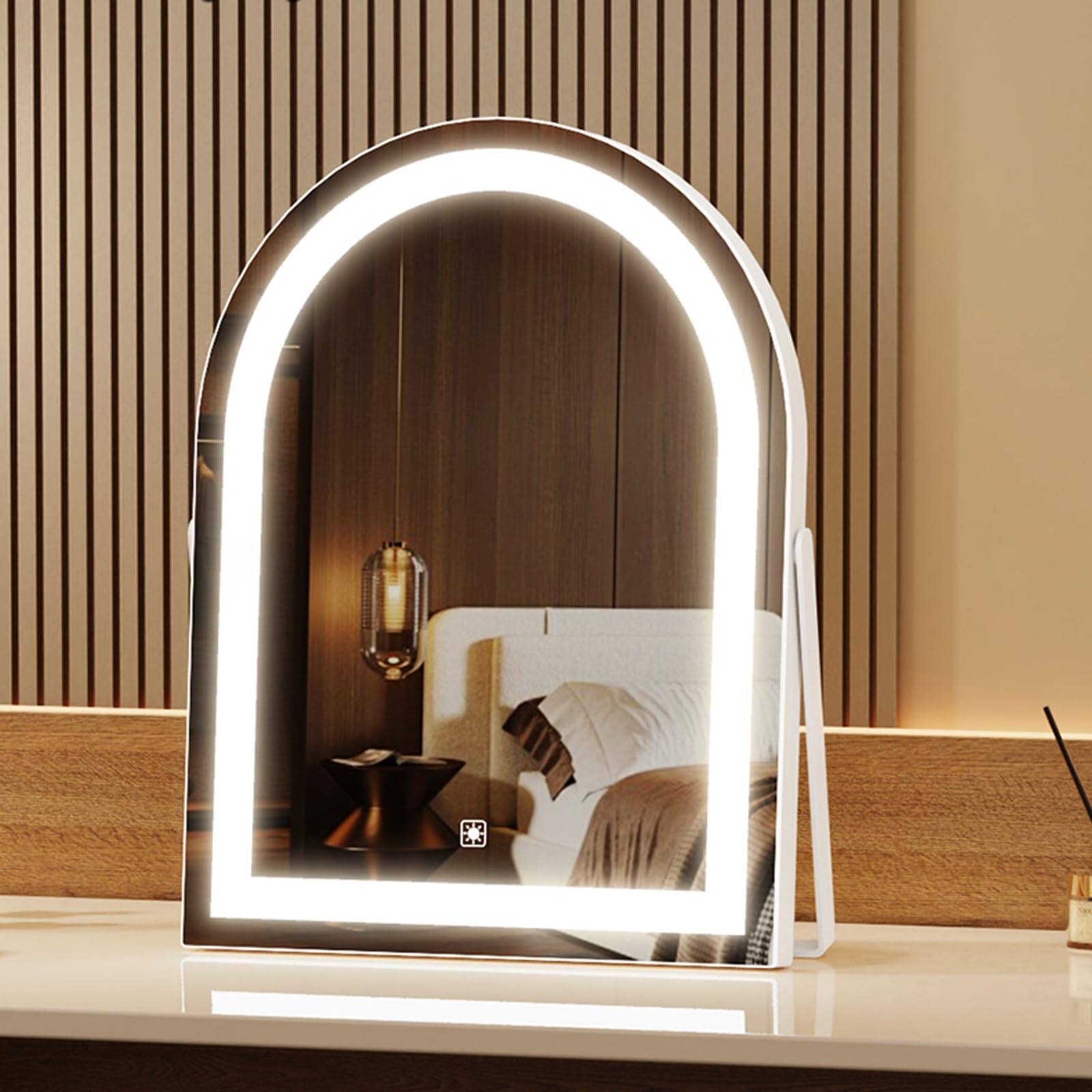 HM 1810 - Elegant Led Vanity Mirror With color Adjustable Lights Lighted Makeup Rotating Stand Touch Control Gift For - White 14"L x 11"W