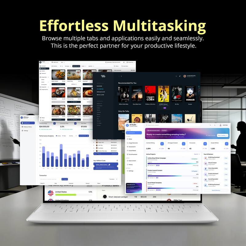 Effortless Multitasking  
Browse multiple tabs and applications easily and seamlessly.  
This is the perfect partner for your productive lifestyle.  

4 Recommendations to You  
CORN SCREAM - dolo - Talla - $4,000.00  
L - BTOO M - Nomance Aates  
Ready to create something amazing today?  

- ERLANGURS - Ces - Sarpay  
- cAAd Siatas 5a O.D 10 haseaves cardigas 1 $55.00 294
