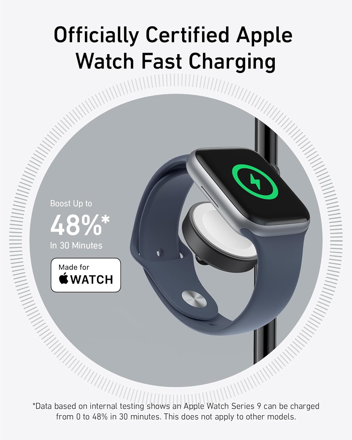 Officially Certified Apple Watch Fast Charging

Boost Up to 48%* In 30 Minutes

Made for WATCH

*Data based on internal testing shows an Apple Watch Series 9 can be charged from 0 to 48% in 30 minutes. This does not apply to other models.