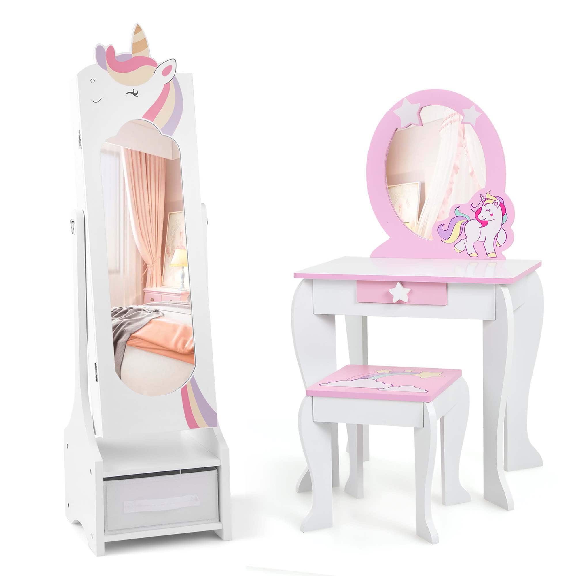 Front. Costway - Costway Kids Vanity Set Princess Makeup Dressing Table & Chair Set with Kids Jewelry Armoire - White.