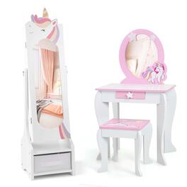 Costway - Kids Vanity Set Princess Makeup Dressing Table & Chair Set with Kids Jewelry Armoire - White