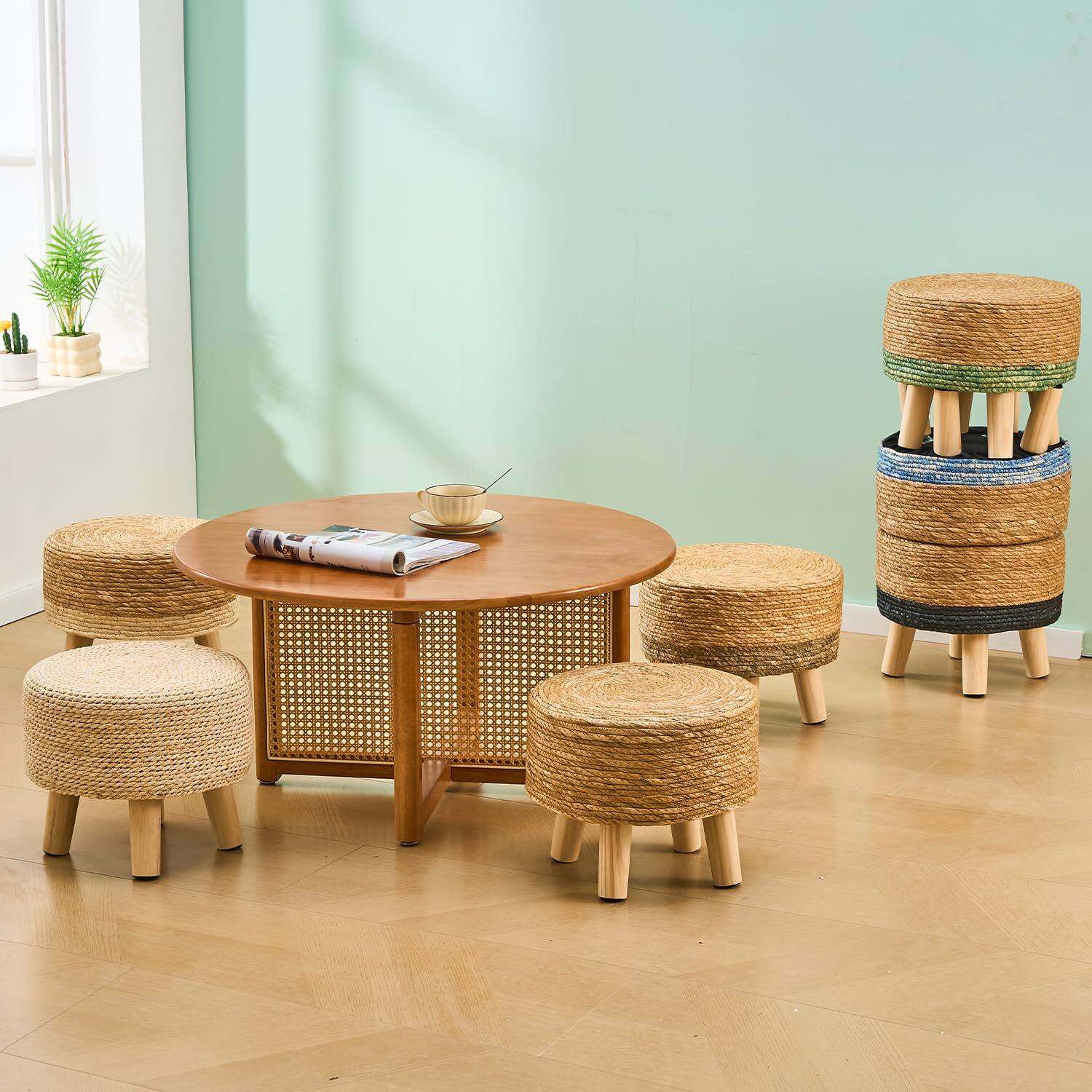 Alt View 4. Fabibe - Ottoman Natural Seagrass Footrest Poufs Hand Weave Round Foot Stool for Couch Desk Soft Step Stool Padded Foot Rest... - White.