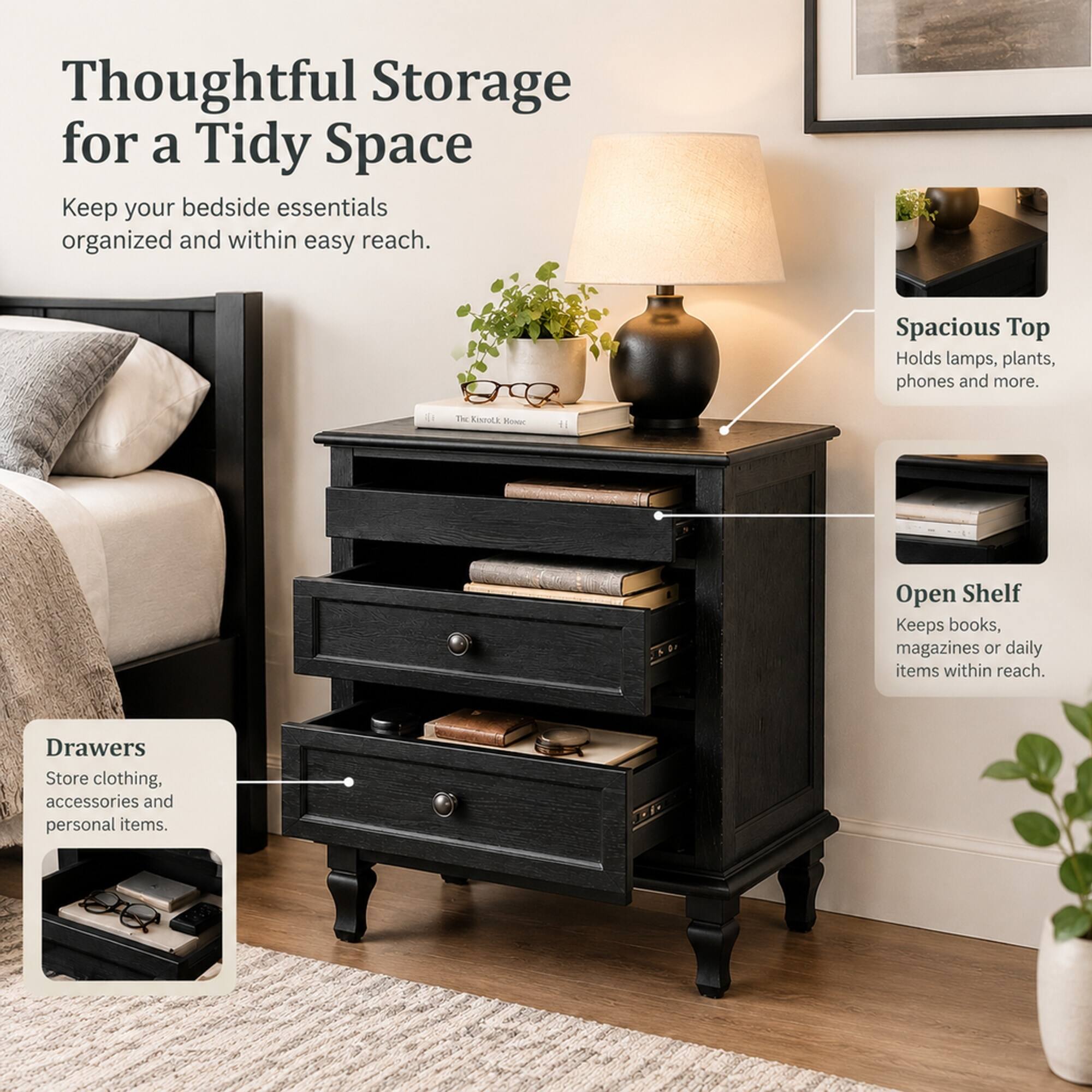 Thoughtful Storage for a Tidy Space  
Keep your bedside essentials organized and within easy reach.  
Spacious Top  
Holds lamps, plants, phones and more.  
Open Shelf  
Keeps books, magazines or daily items within reach.  
Drawers  
Store clothing, accessories and personal items.