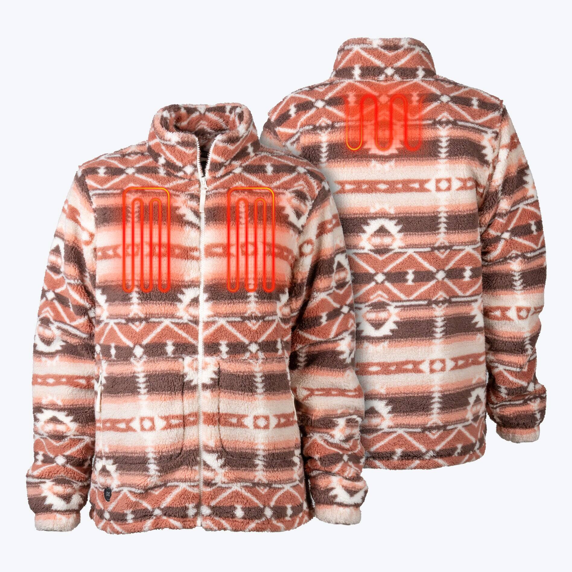 Alt View 1. Mobile Warming - Women's Upland Sherpa Printed Heated Long Jacket - Clay Aztec.