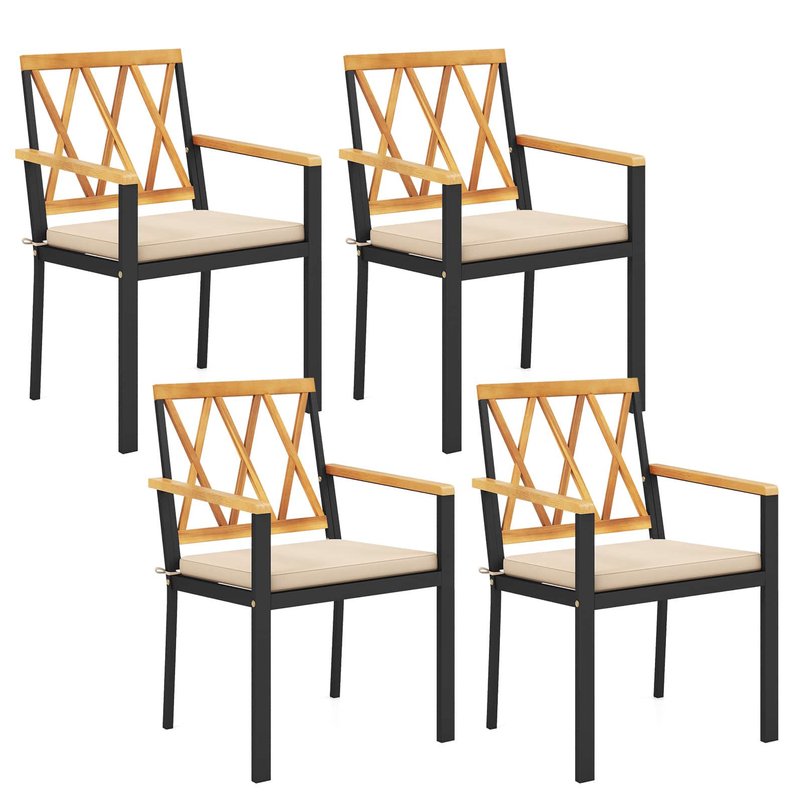 Gymax - Patio Dining Chairs Set of 4 Metal Outdoor Chairs w/ Removable Padded Cushions - Black, Natural