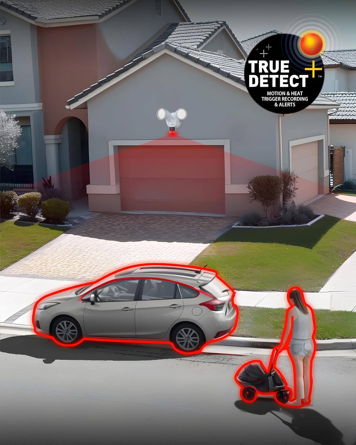 The text on the image reads: "True Detect + Motion & Heat Trigger Recording & Alerts."