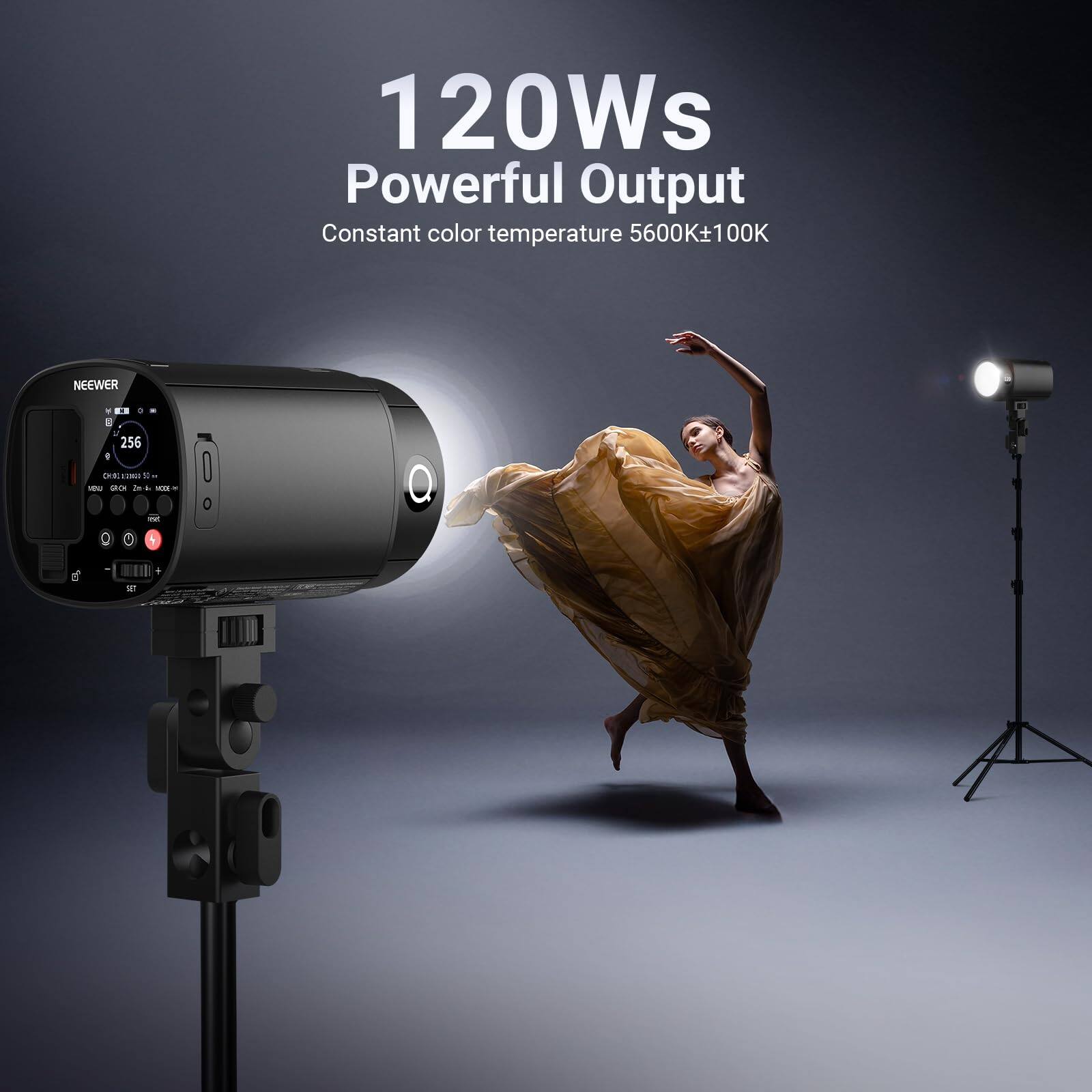120Ws Powerful Output  
Constant color temperature 5600K±100K