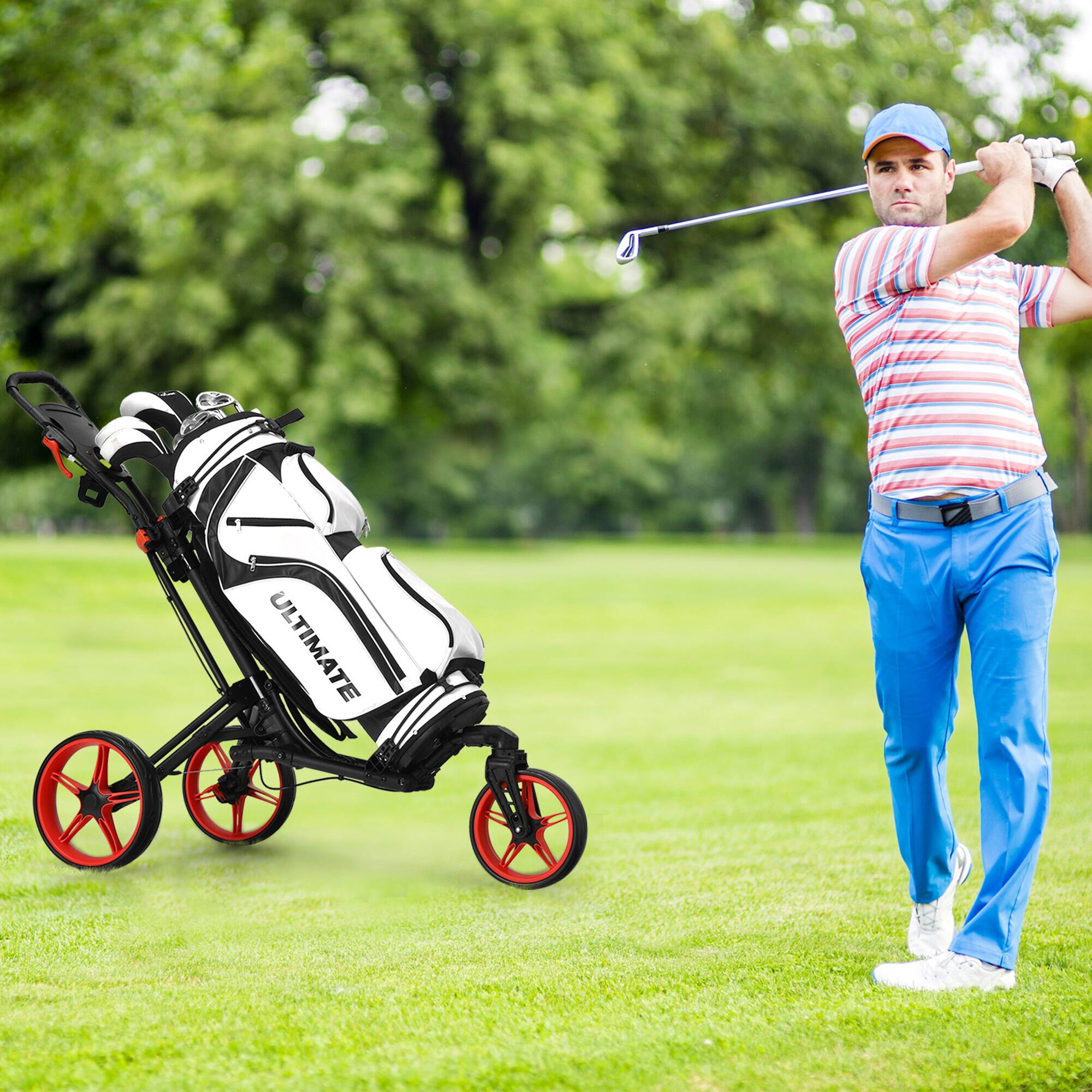 Alt View 3. Gymax - Gymax 3 Wheels Foldable Golf Push Pull Cart Trolley w/ Adjustable Handle Brake Red - Red.