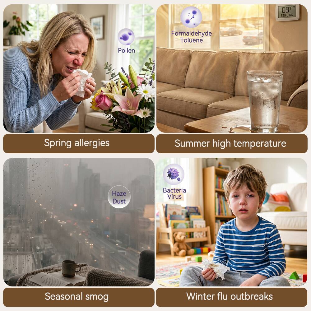 - Spring allergies
- Summer high temperature
- Seasonal smog
- Winter flu outbreaks

- Pollen
- Formaldehyde Toluene
- Haze Dust
- Bacteria Virus