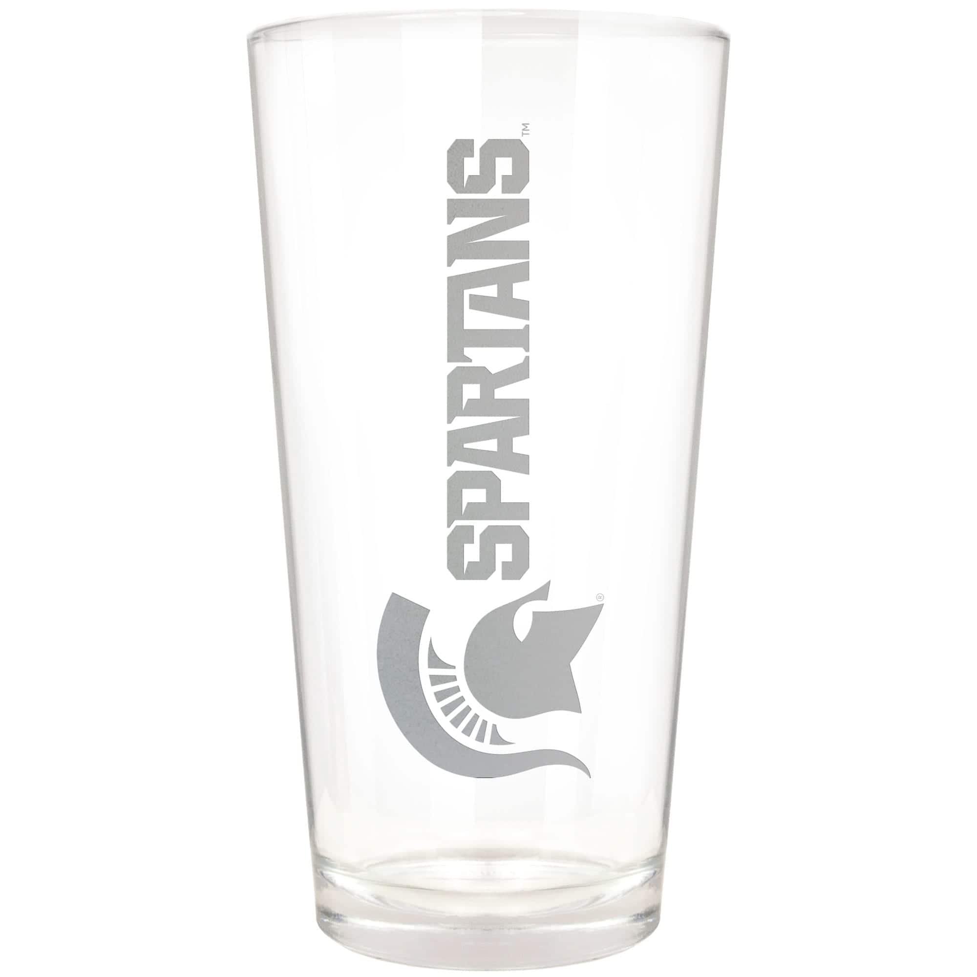 Front. Great American Products - Michigan State Spartans Etched 16oz. Vertical Rally Cry Pint Glass - Multicolor.