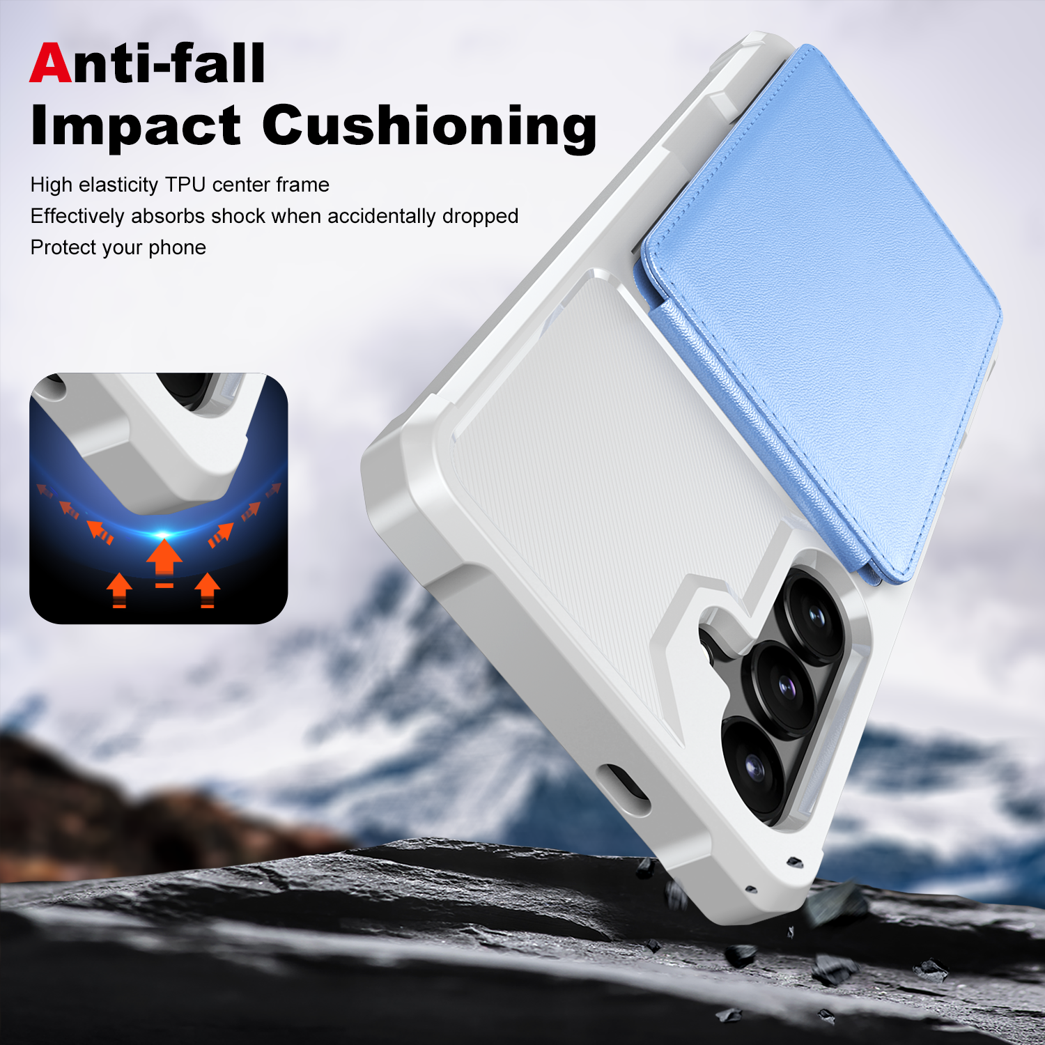 Anti-fall Impact Cushioning

High elasticity TPU center frame
Effectively absorbs shock when accidentally dropped
Protect your phone