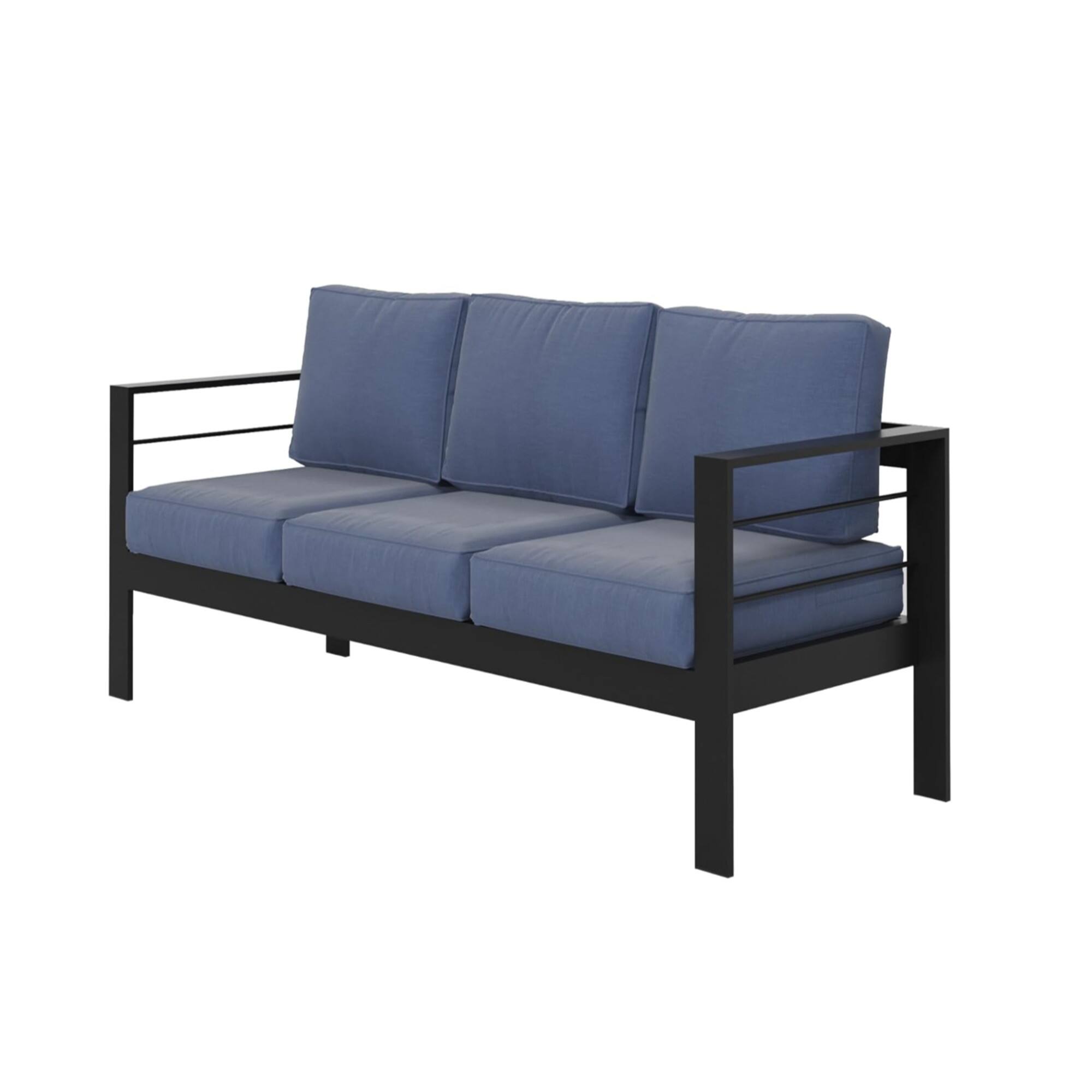Mondawe - 73" 3 Seat Outdoor Aluminum Patio Sofa with Cushions - Black+Blue