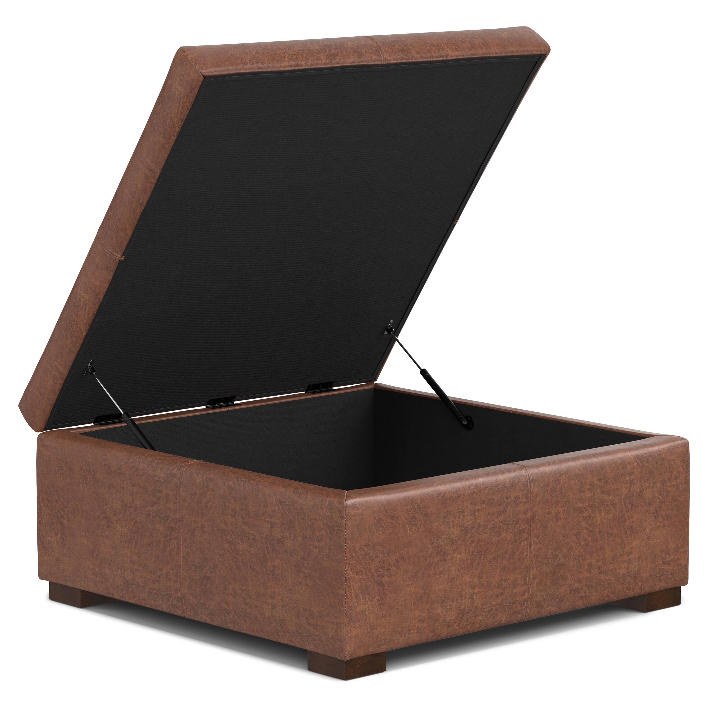 Back. Simpli Home - Gabbie 36 inch Wide Square Coffee Table Storage Ottoman in Distressed Saddle Brown Vegan Leather - Distressed Saddle Brown.