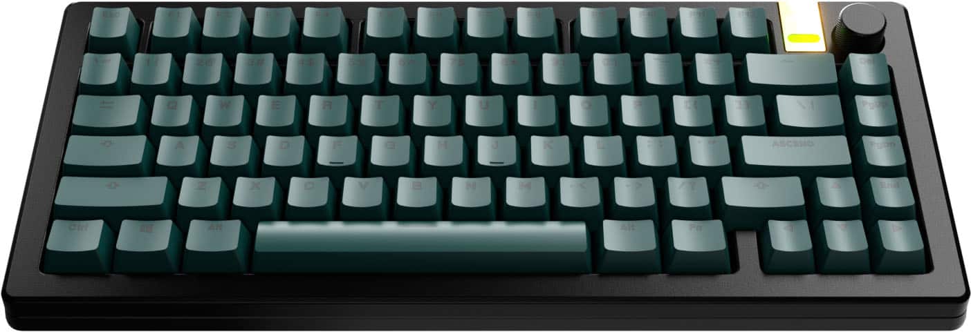 The image shows a close-up view of a green and black computer keyboard. The keys are arranged in a standard layout, with the numbers and letters neatly aligned. The keyboard is designed to be used with a computer, and it is likely intended for typing, gaming, or other computer-related tasks.