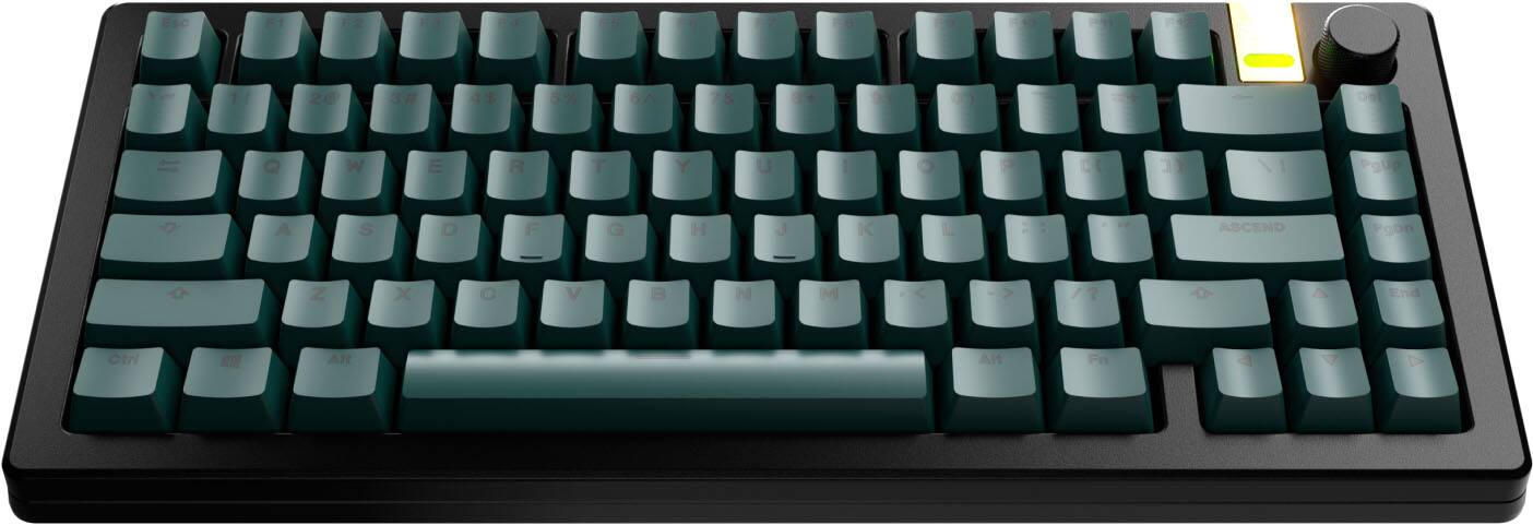 The image shows a close-up view of a green and black computer keyboard. The keys are arranged in a standard layout, with the numbers and letters neatly aligned. The keyboard is designed to be used with a computer, and it is likely intended for typing, gaming, or other computer-related tasks.