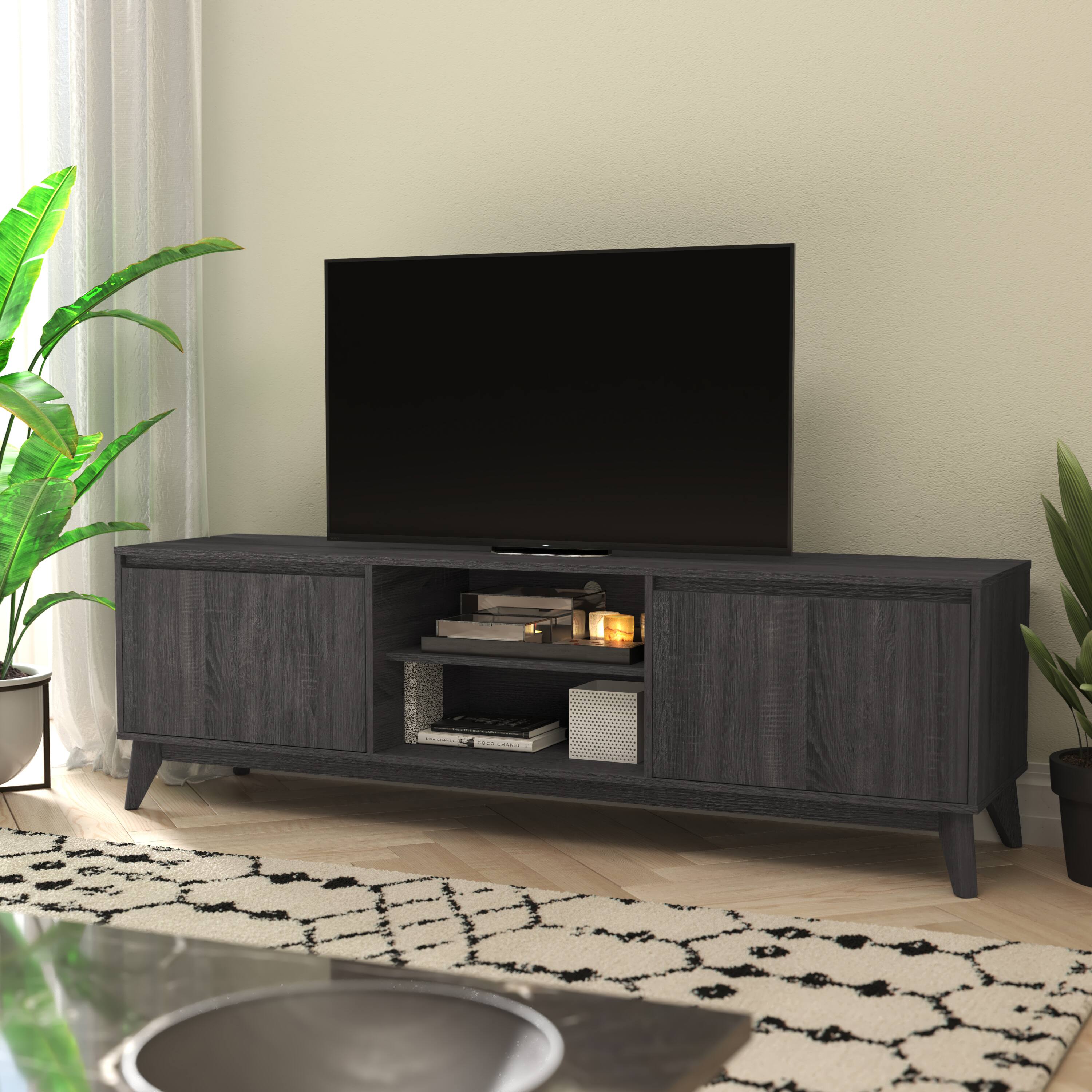 Alt View 1. Flash Furniture - Hatfield Mid-Century Modern TV Stand in Black Wash for 65+ Inch TV's - 70 Inch Media Center with Adjustable Center Shelf - Black.