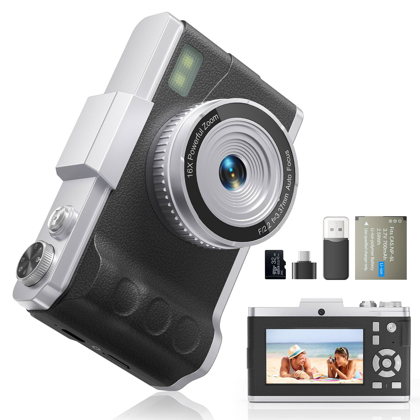 7 Zoom Powerful 16X Focus Auto  
f=3.37mm  
F/2.2  
1 32  
1wt-  
al  
I I  
0  
3.7V  
Fits Li-ionpoly 2.59Wh  
Uses specialized charger  
700mAh  
CAS.NP  
Battery Li-ion  

16X Powerful Zoom  
f=3.37mm Auto Focus  
F/2.2  

32GB SD Card  
USB Cable  
Li-ion Battery 7.4V 2570mAh  
3.7V 700mAh  
Fits CAS.NP  
Battery Li-ion