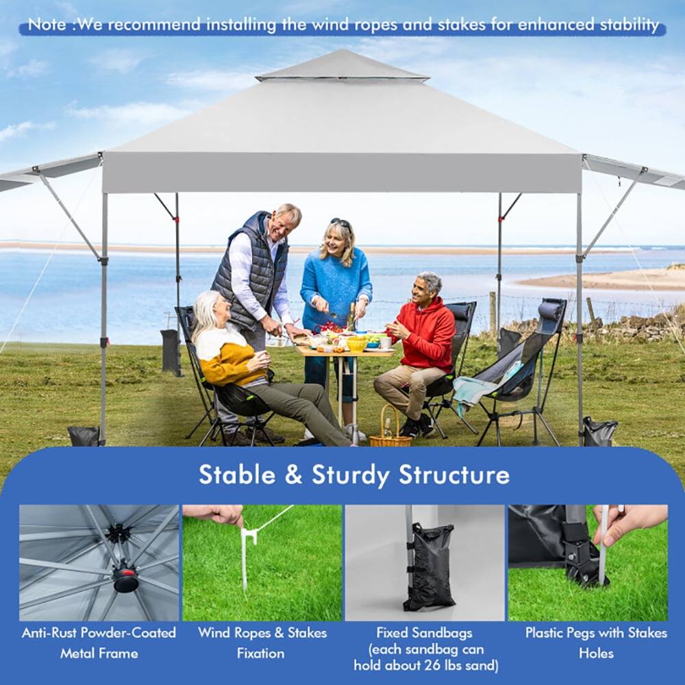Note: We recommend installing the wind ropes and stakes for enhanced stability.

Stable & Sturdy Structure

- Anti-Rust Powder-Coated Metal Frame
- Wind Ropes & Stakes Fixation
- Fixed Sandbags (each sandbag can hold about 26 lbs sand)
- Plastic Pegs with Stakes Holes