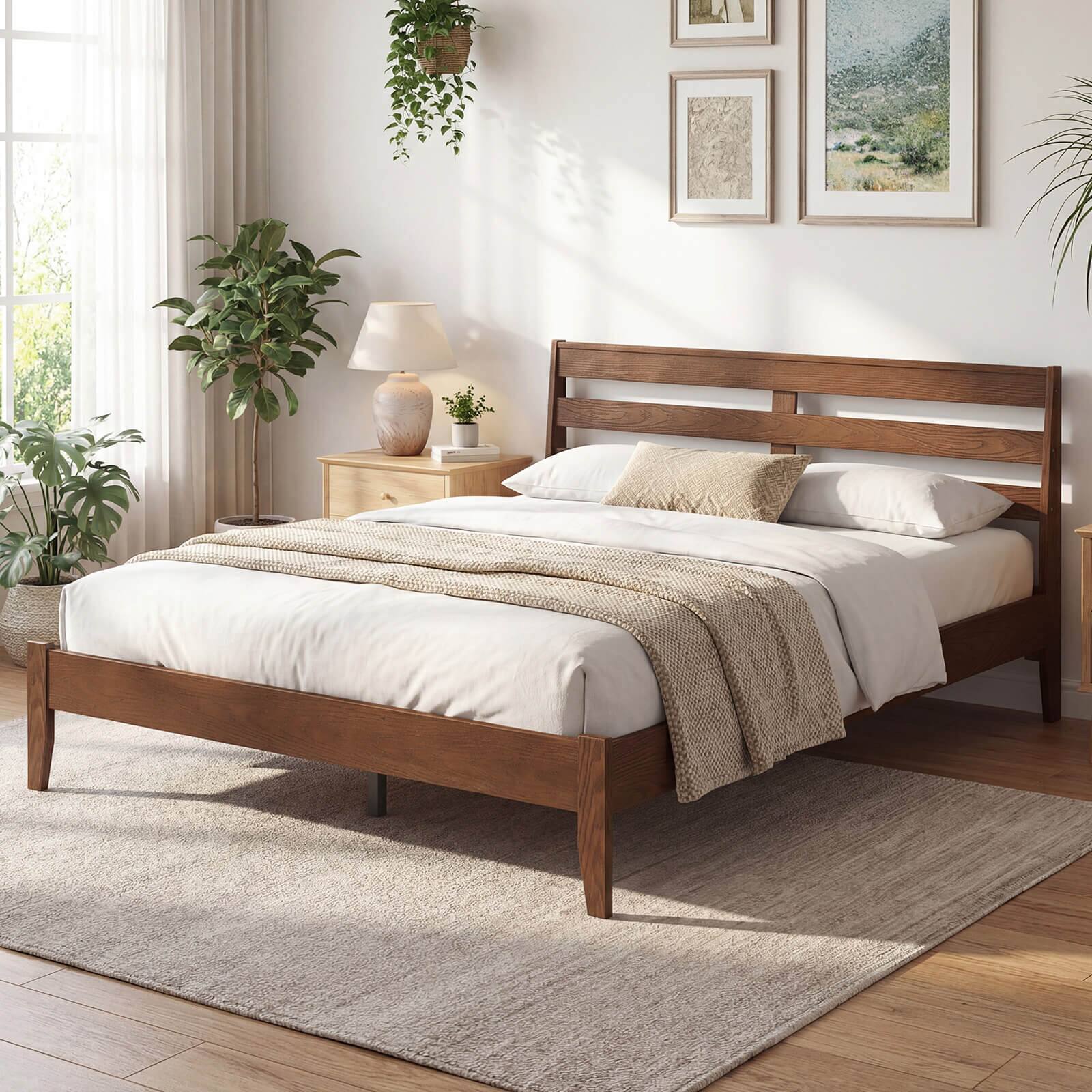 Alt View 4. Costway - Costway Queen Size Wood Bed Frame with Slat Headboard Under-Bed Storage Space Caramel - Brown.