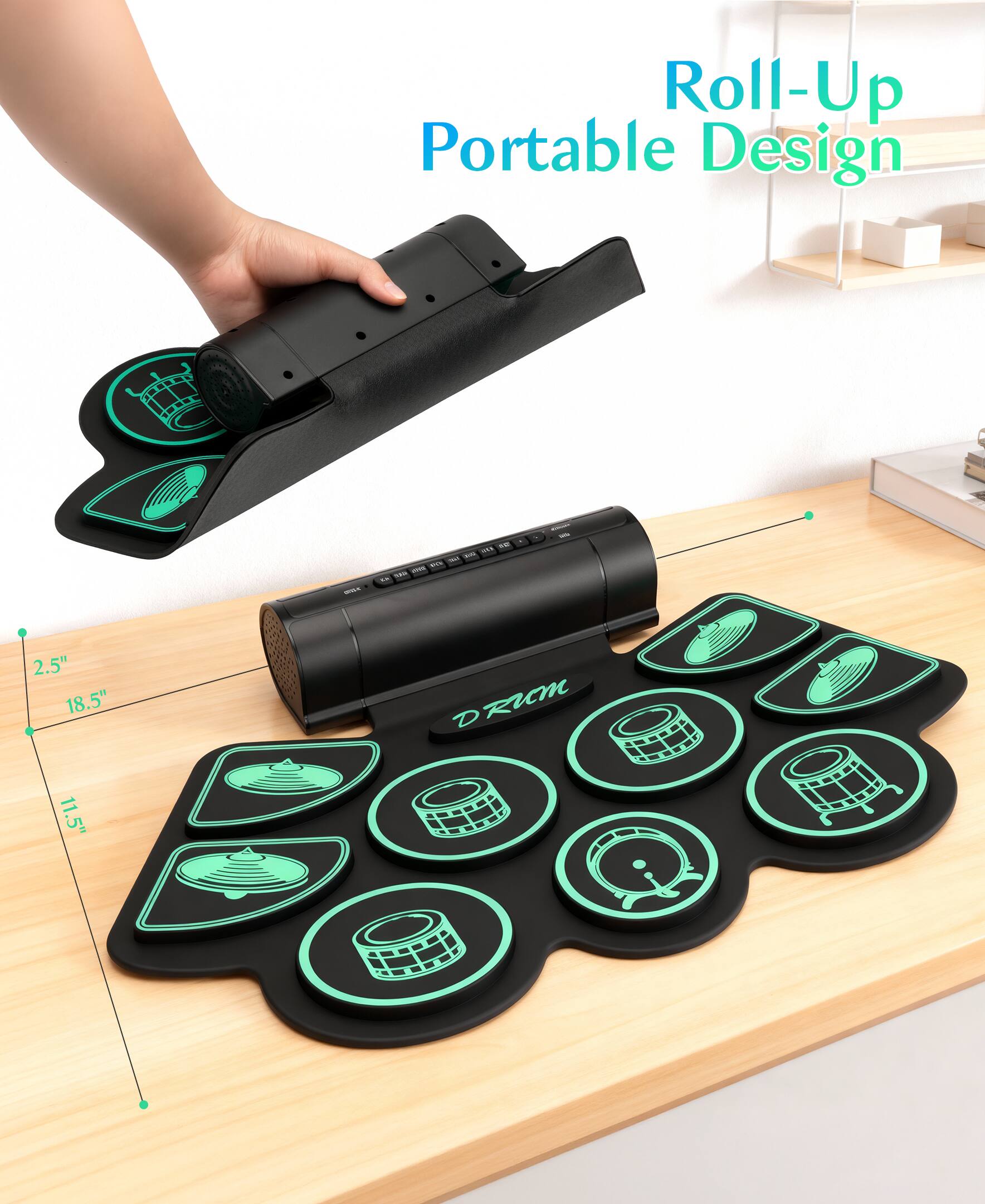 Left. Sugift - Kids Roll-Up Electronic Drum Set with Speakers, Headphone Jack & Foot Pedals - Green - Green.
