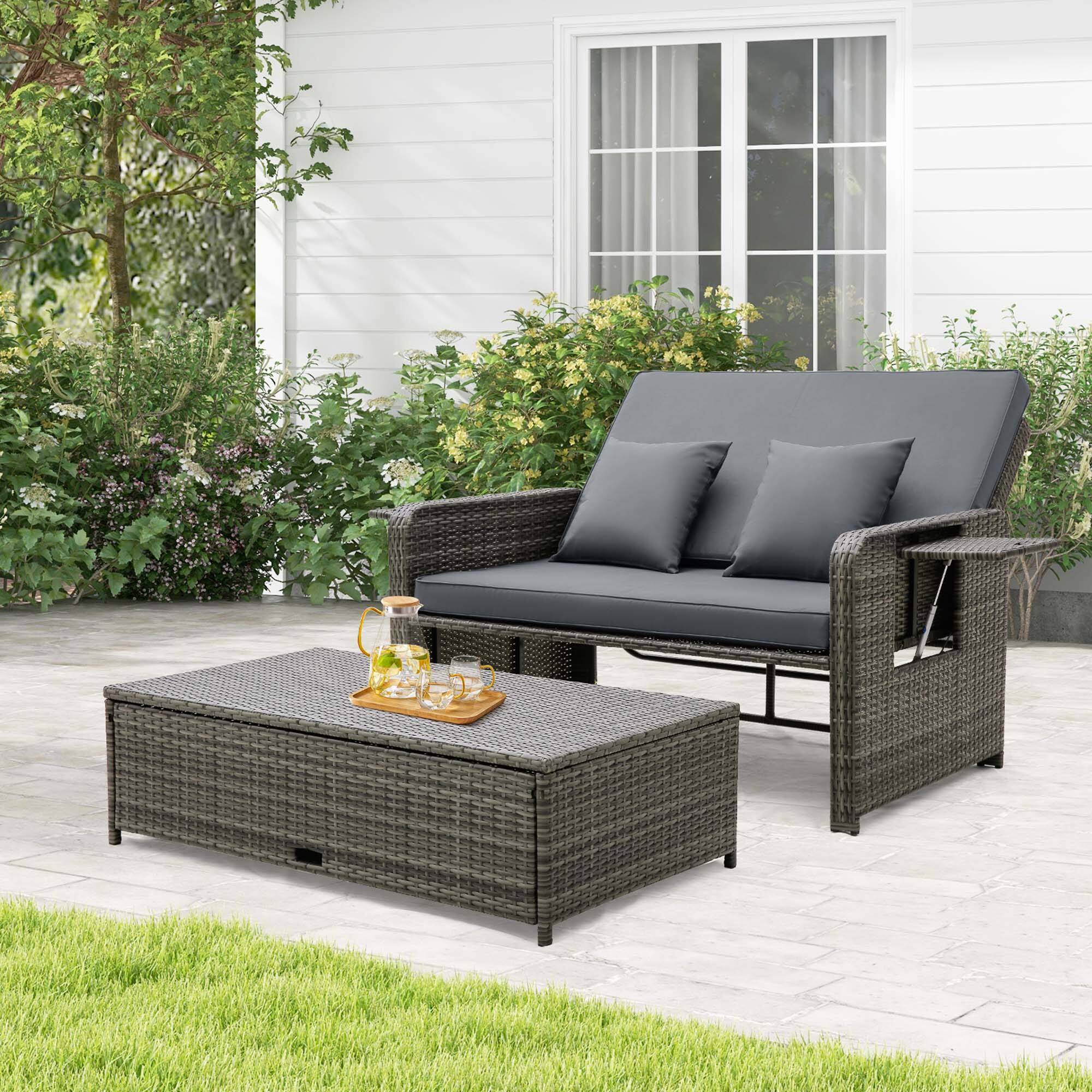 Angle. Costway - Wicker Loveseat Sofa Set Patio Rattan Daybed with Ottoman & Retractable Side Tray - Mix Gray + Gray.