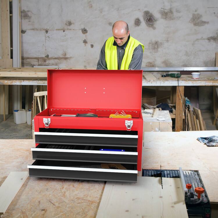 Angle. Mondawe - Portable Garage Mechanic Tool Cabinet Box with 3 Drawers - Black & Red.