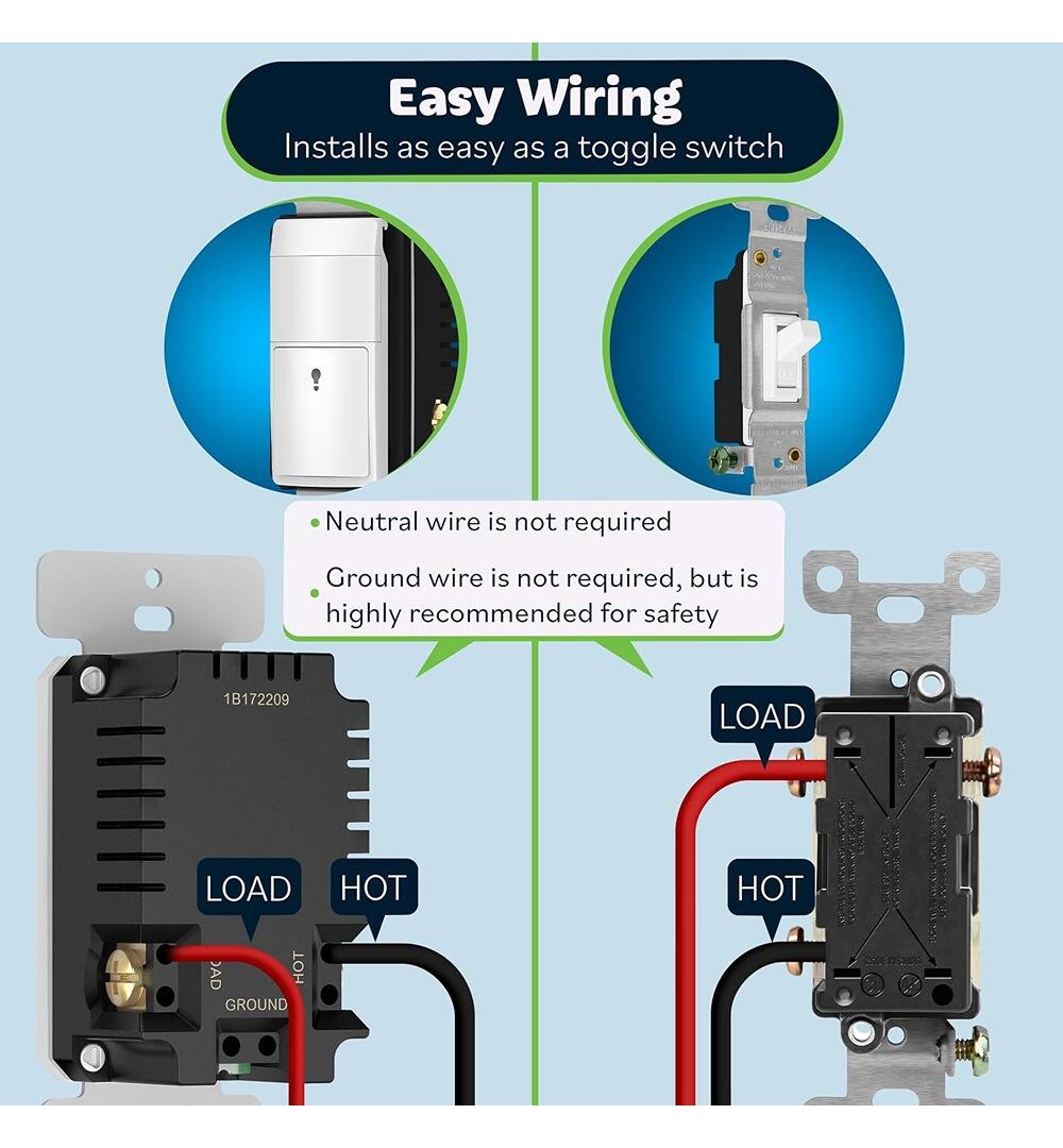 Easy Wiring  
Installs as easy as a toggle switch  

- Neutral wire is not required  
- Ground wire is not required, but is highly recommended for safety  

1B172209  
LOAD  
HOT  
GROUND
