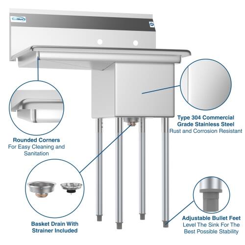 - Rounded Corners For Easy Cleaning and Sanitation
- Type 304 Commercial Grade Stainless Steel Rust and Corrosion Resistant
- Basket Drain With Strainer Included
- Adjustable Bullet Feet Level The Sink For The Best Possible Stability