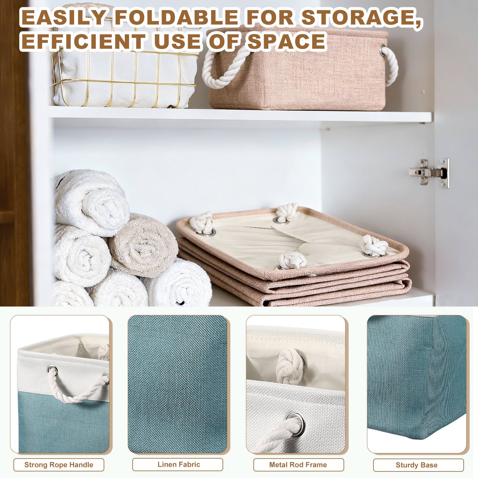 EASILY FOLDABLE FOR STORAGE, EFFICIENT USE OF SPACE

Strong Rope Handle
Linen Fabric
Metal Rod Frame
Sturdy Base