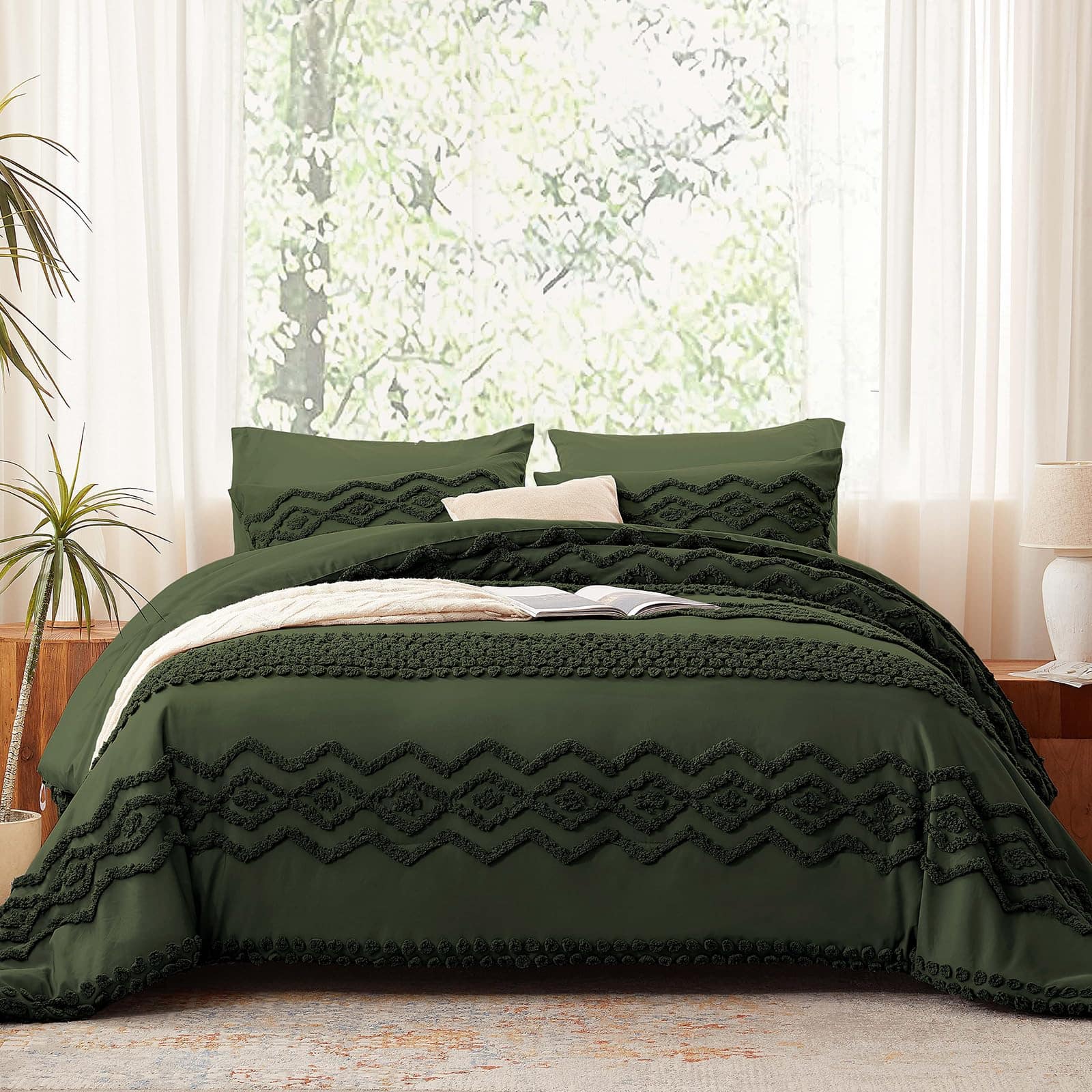 PARKER SLATER - Sage Green Tufted Comforter Set King Size 3 Pieces Boho Shabby Chic Farmhouse Embroidery Bedding Soft For All - Olive Green-Queen