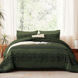 PARKER SLATER - Sage Green Tufted Comforter Set King Size 3 Pieces Boho Shabby Chic Farmhouse Embroidery Bedding Soft For All - Olive Green-Queen